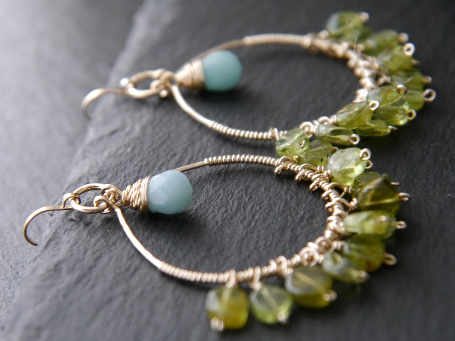 Peridot Aqua Amazonite Hoop Gemstone Earrings, 14K Gold Filled Nature Inspired
