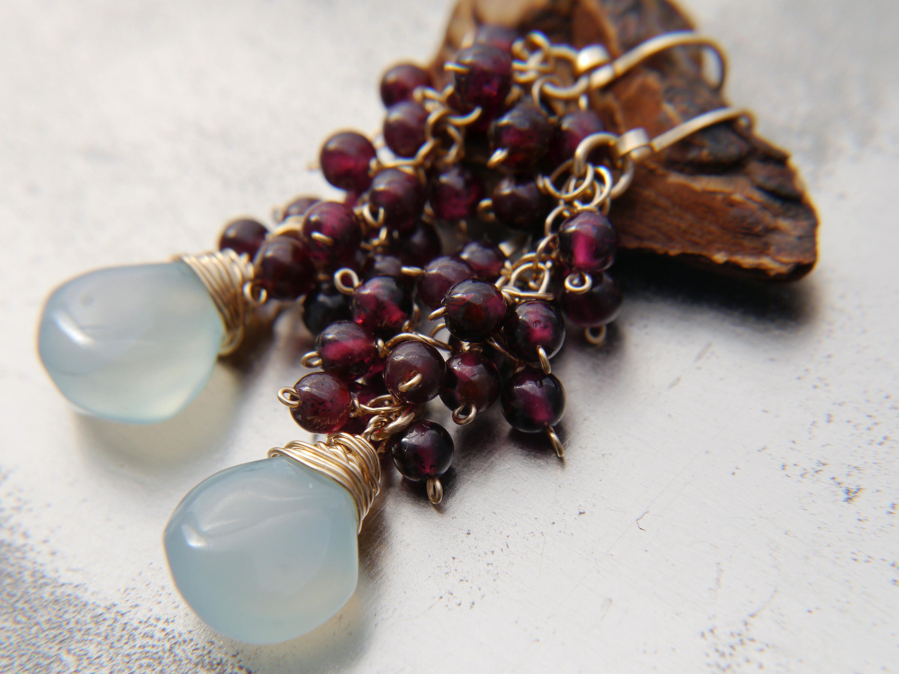 Aqua Chalcedony Garnet Cluster Earrings, 14K Gold Filled Briolette Dangle, Boho Jewelry