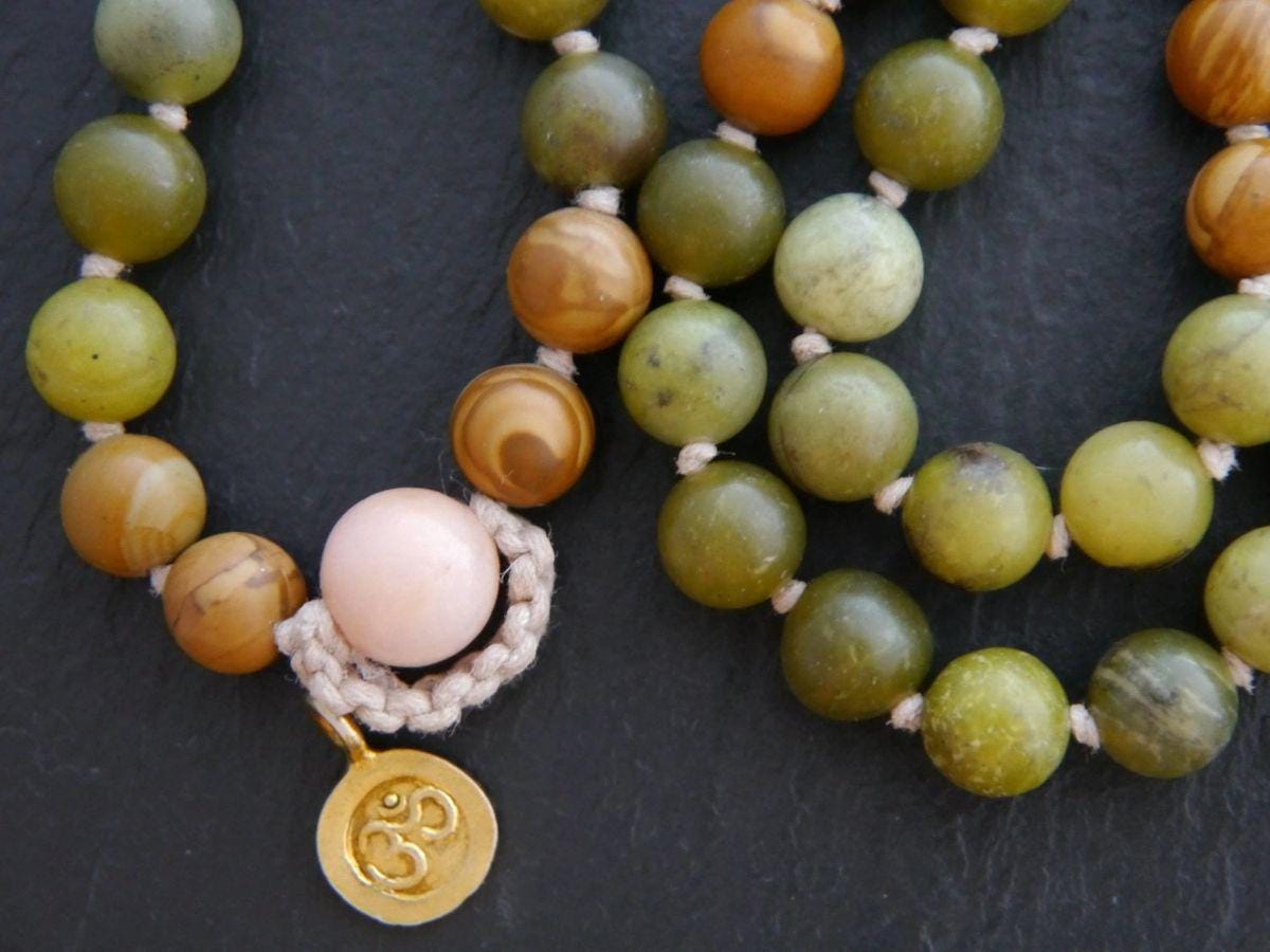 Olive Serpentine Tigerskin Jasper Mala Beads, 108 Gemstone Beads, Wrap, Hand Knotted