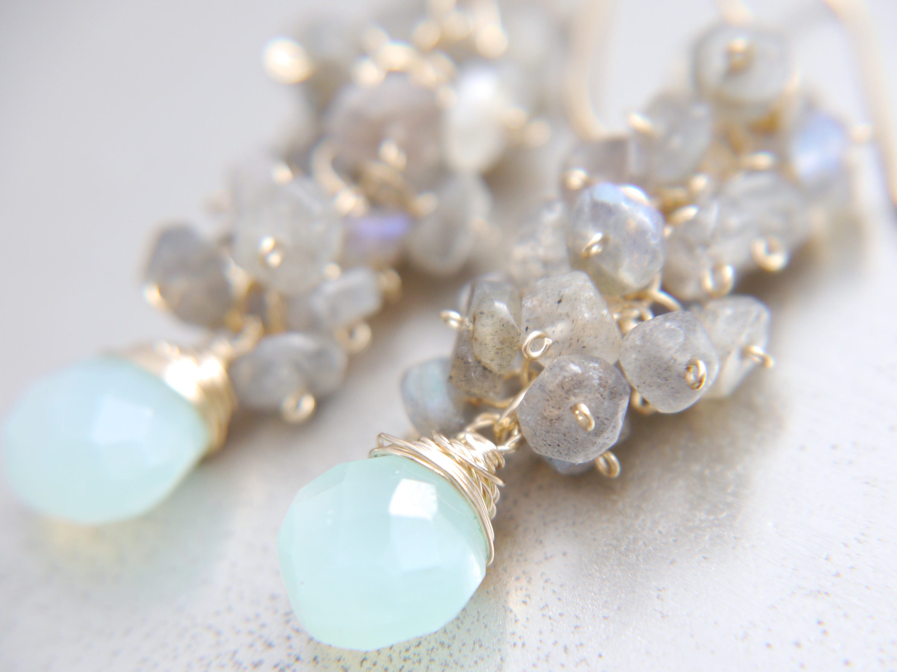 Aqua Chalcedony Briolette Labradorite Cluster Gemstone Earrings, 14K Gold Filled Romantic Style