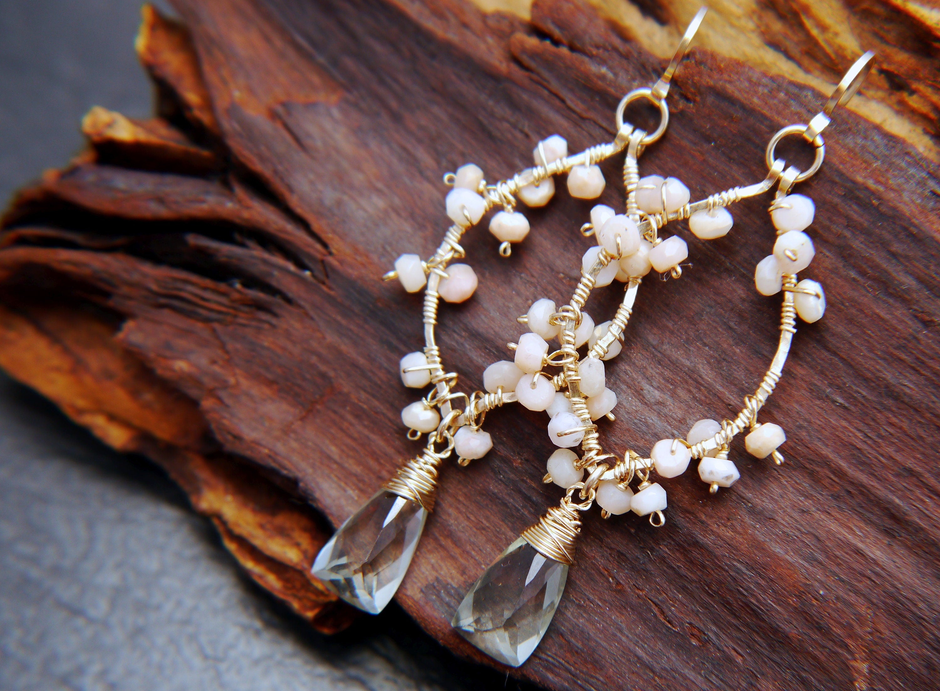 Pink Opal Green Amethyst Floral Chandelier Gemstone Earrings, 14K Gold Filled Wedding