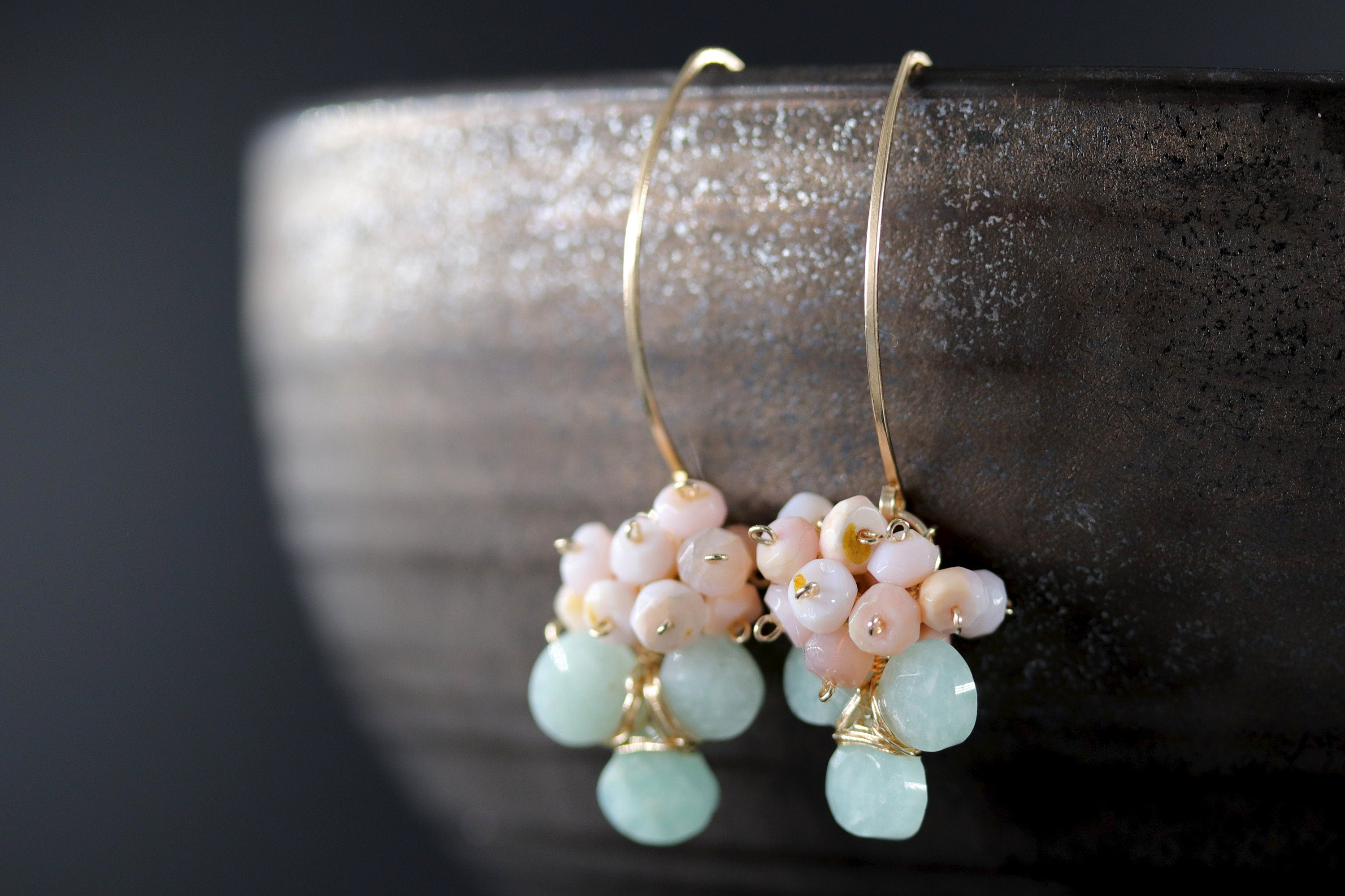 Pink Opal Floral Hoop Gemstone Earrings, 14K Gold Filled Garden Wedding
