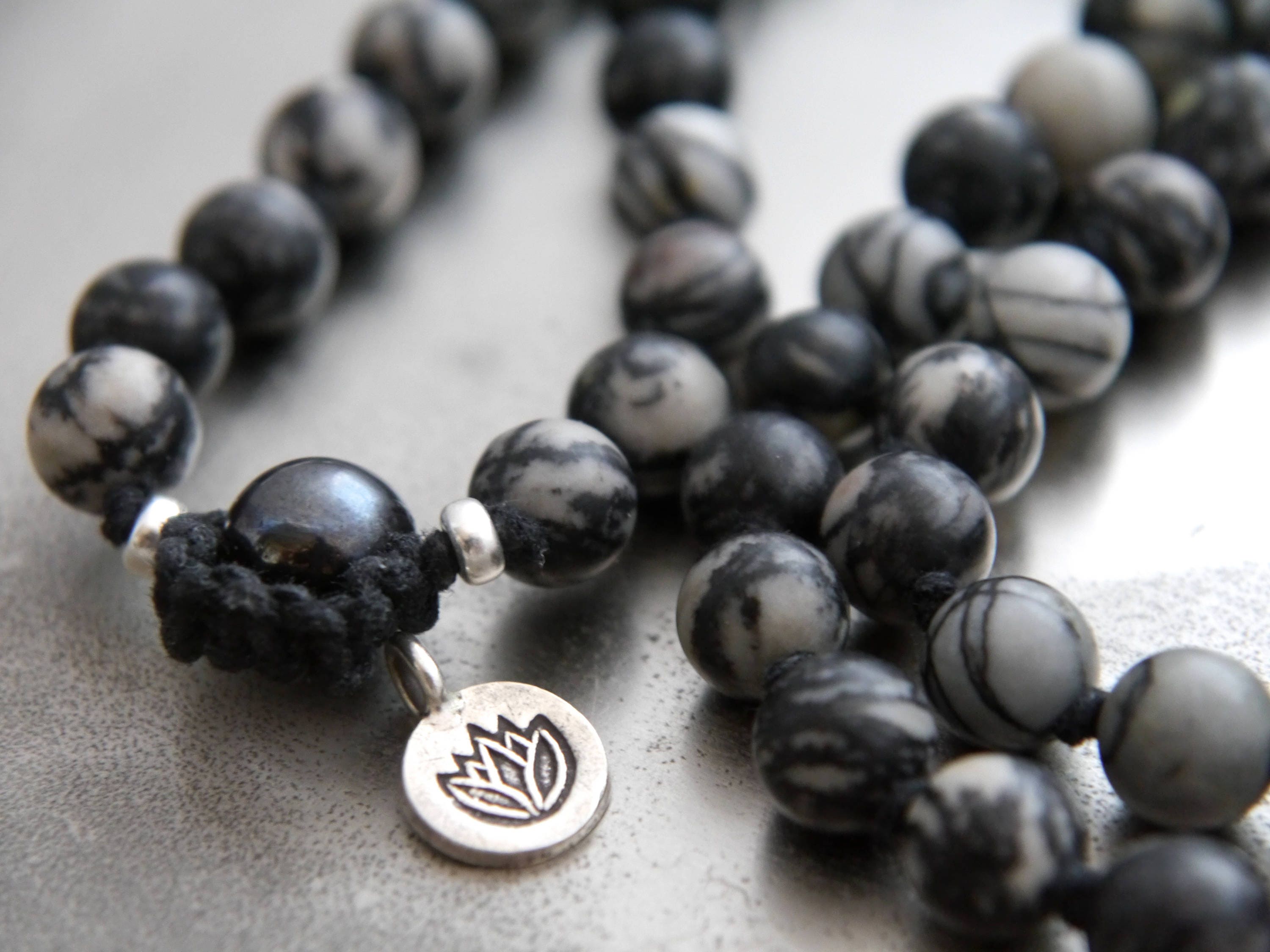 Black Silkstone Hematite 108 Mala Bead , Wrap, Hand Knotted Tibetan Prayer Beads