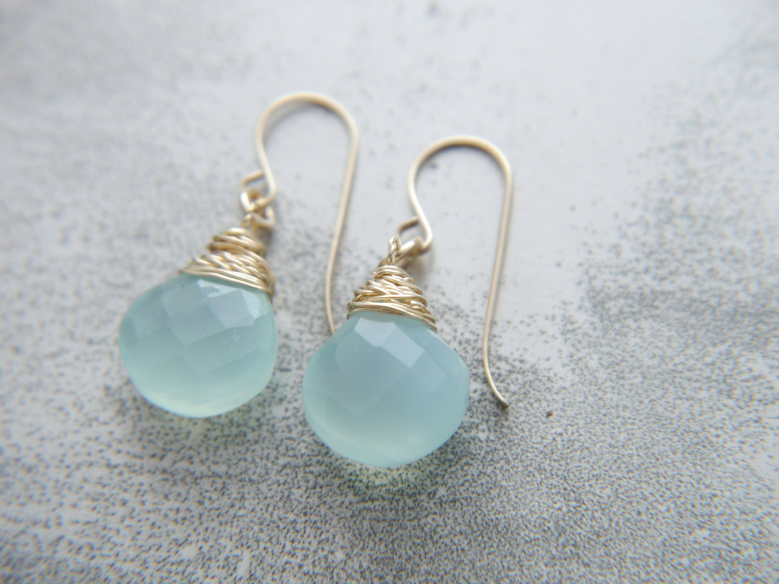 Blue Green Chalcedony Heart Briolette Teardrop Gemstone Earrings, 14K Gold Filled Bohemian Style