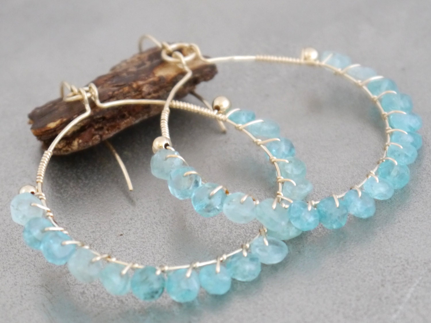 Wire Wrapped Apatite Hoop Gemstone Earrings, 14K Gold Filled Bohemian Chic