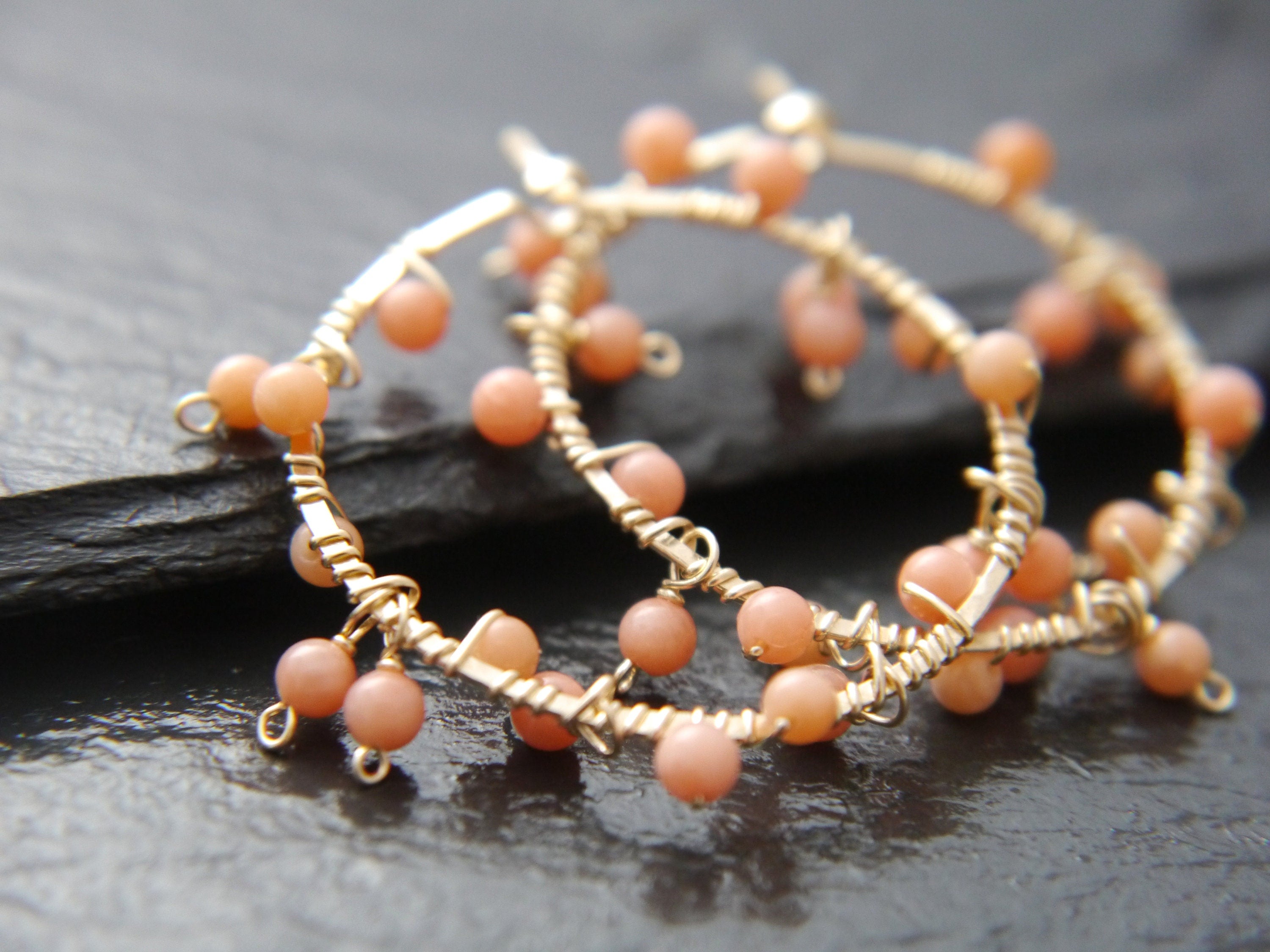 Coral Hoop Gemstone Earrings, 14K Gold Filled Garland Floral  Bohemian Style