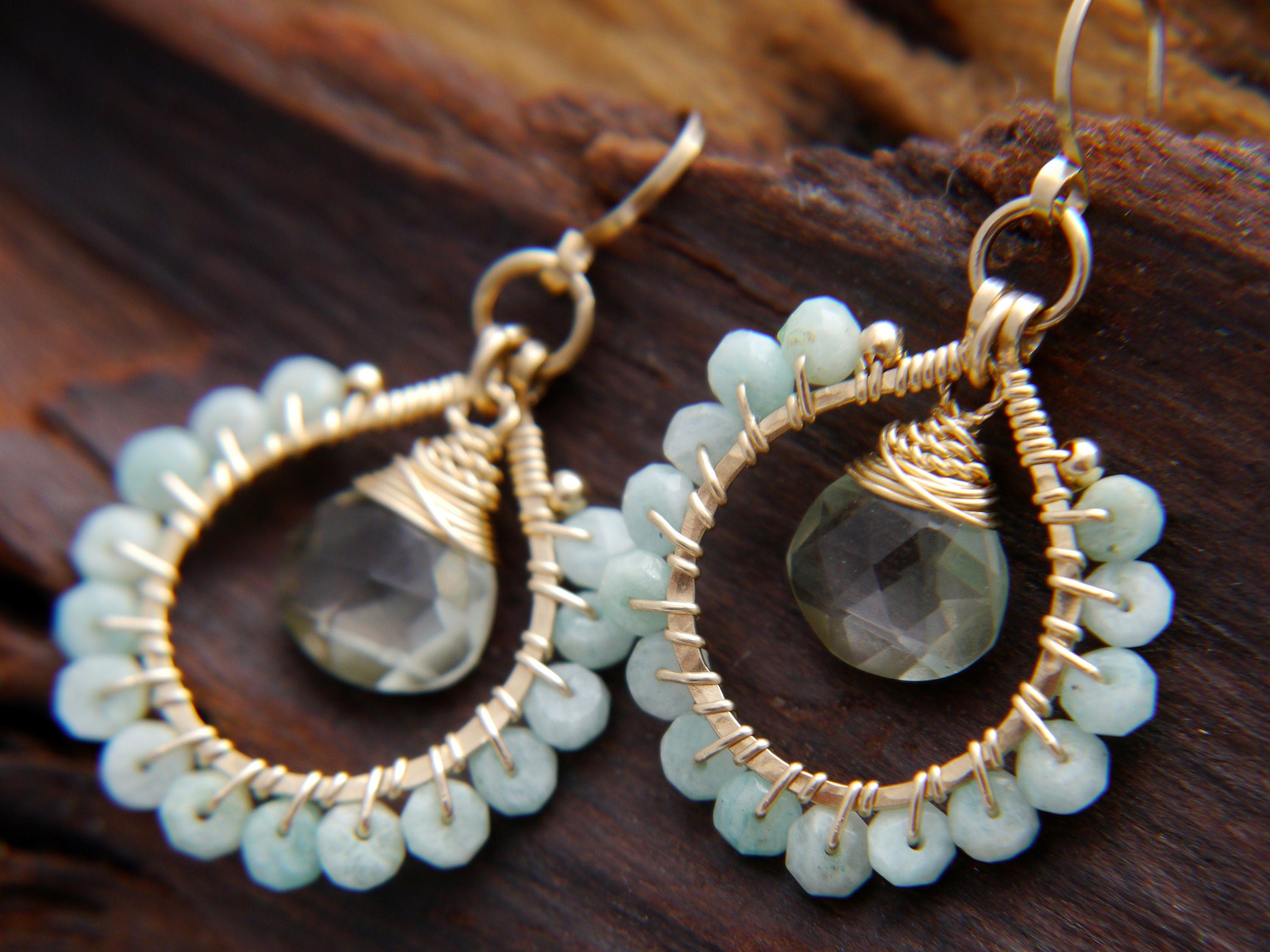 Amazonite Green Amethyst Hoop Earrings, 14K Gold Filled Gemstone Hoops, February Birthstone