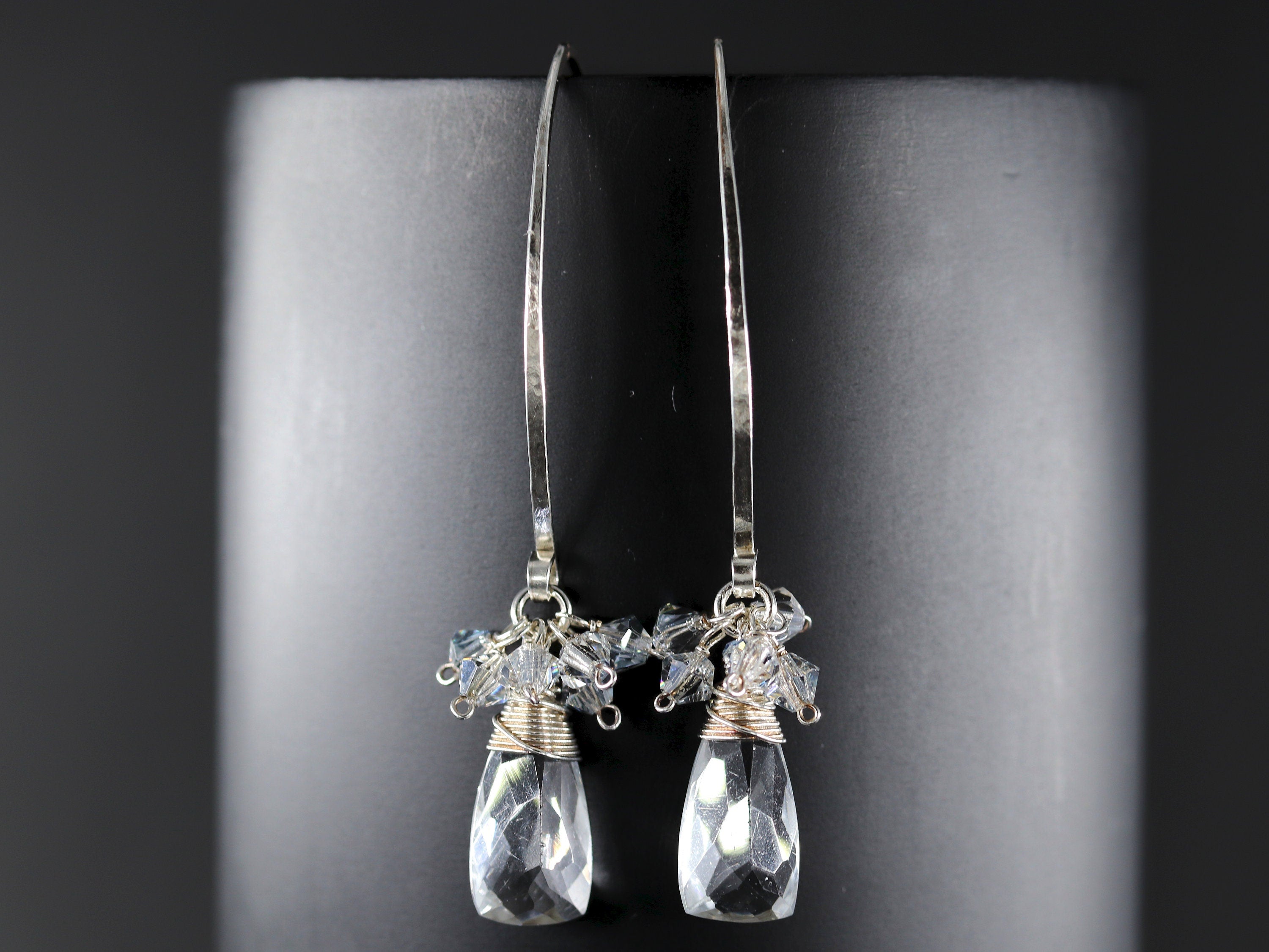 Quartz Crystal Long Hoop Gemstone Earrings, Sterling Silver, Classic Wedding