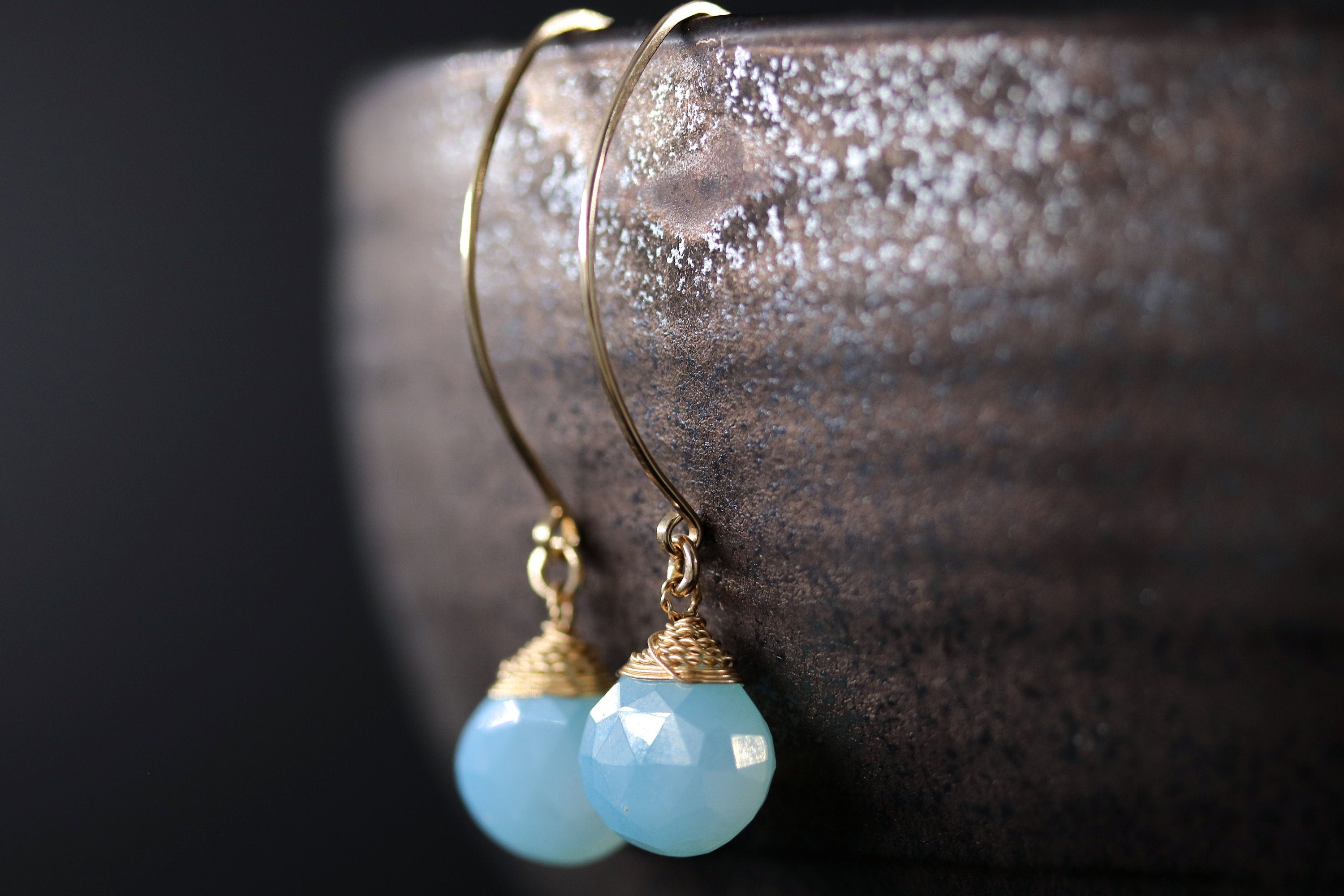 Aqua Chalcedony Heart Briolette Gemstone Earrings, 14K Gold Filled Romantic Gift