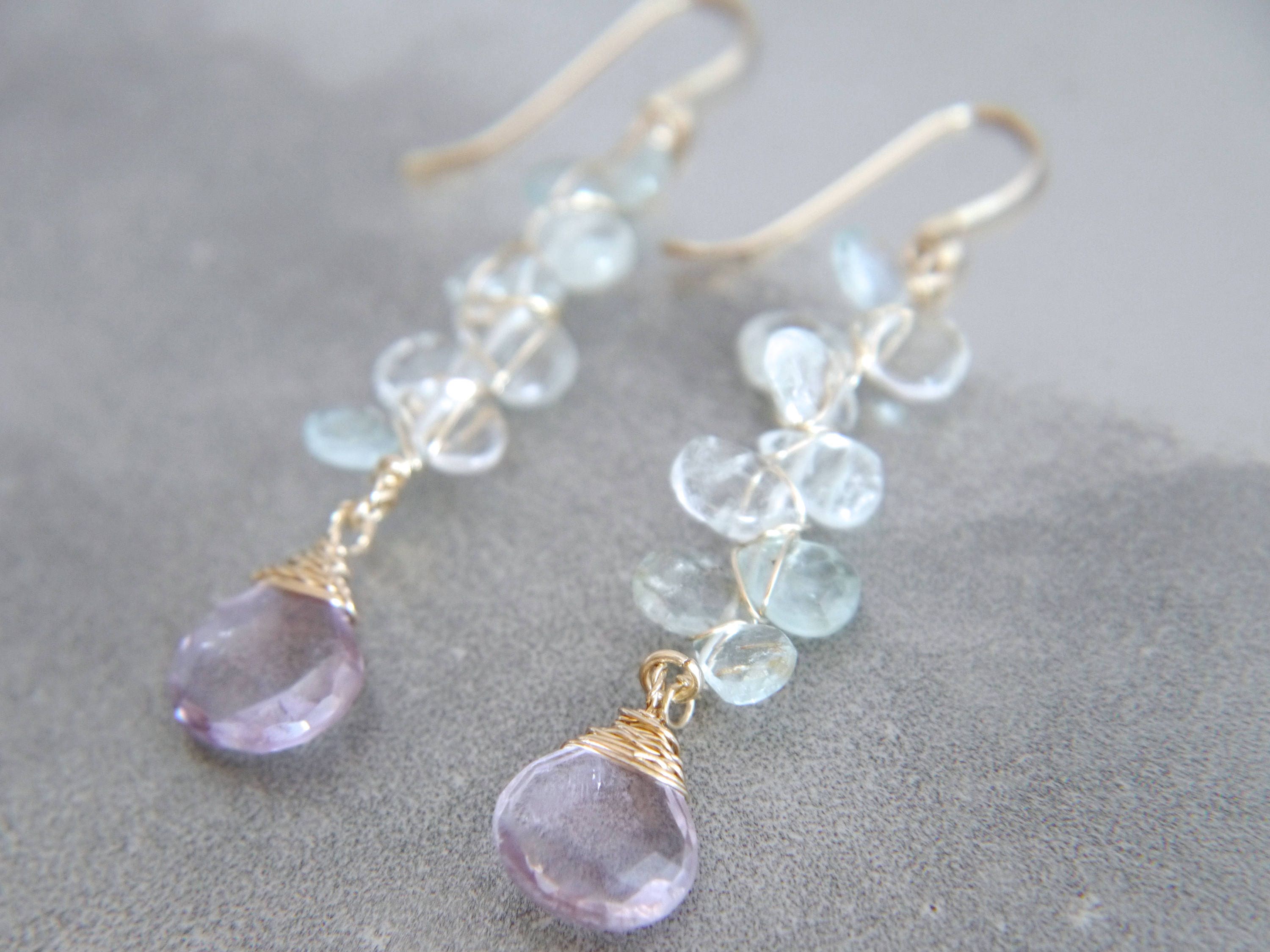 Aquamarine Amethyst Long Dangle Floral Gemstone Earrings, 14K Gold Filled  Wedding