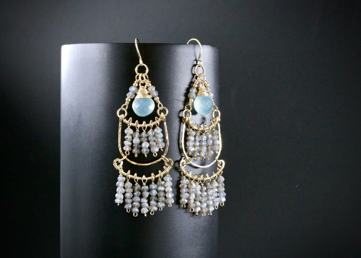 Aqua Chalcedony Labradorite Chandelier Gemstone Earrings, 14K Gold Filled Bohemian Wedding Jewelry