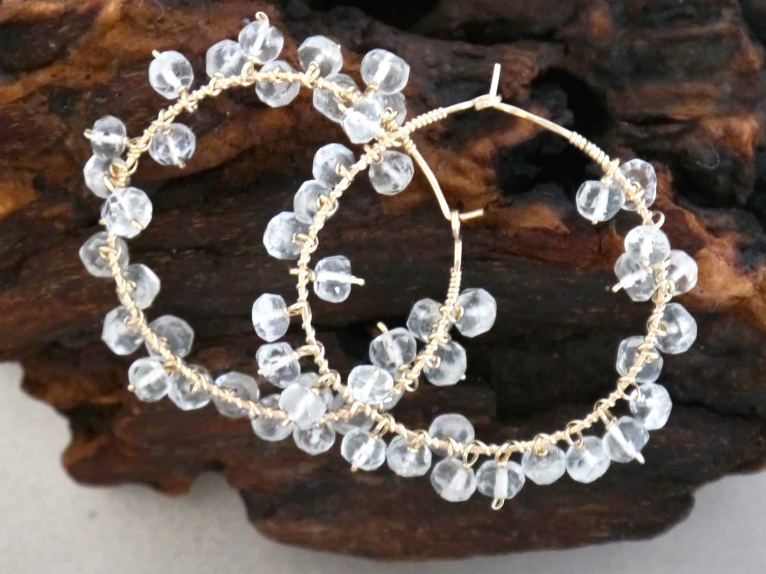 Aquamarine Floral Cluster Fringe Hoop Gemstone Earrings, 14K Gold Filled Unique Boho