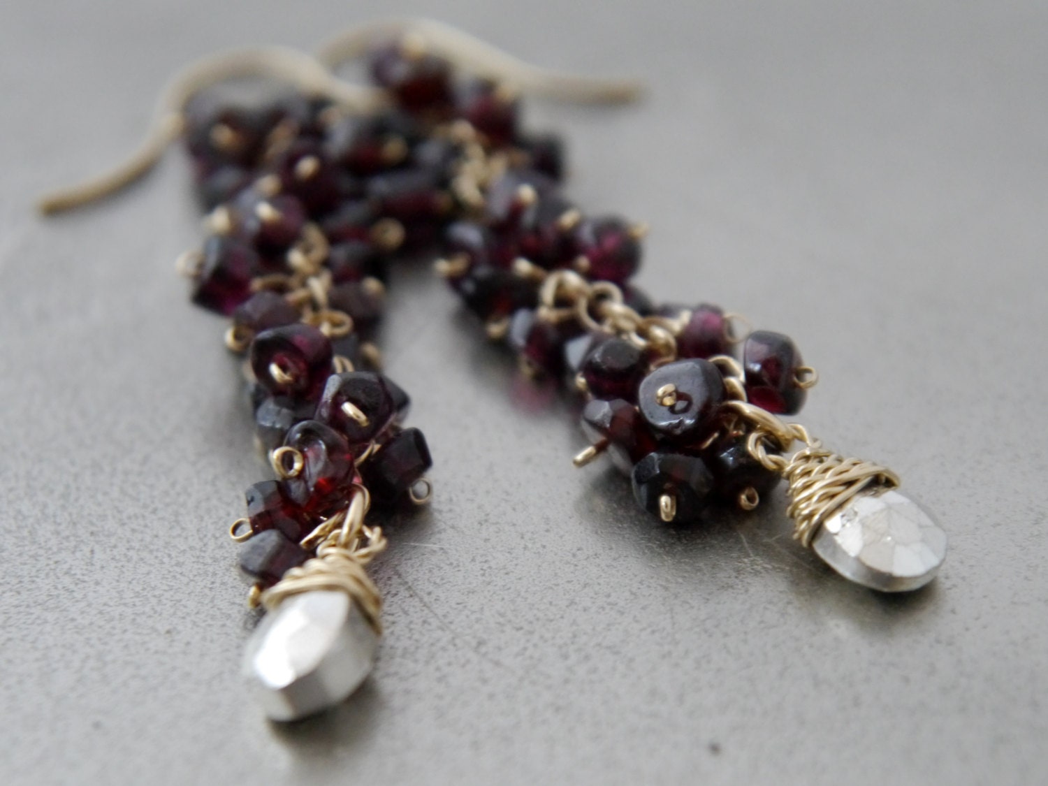 Boho Garnet Pyrite Cluster Long Dangle Gemstone Earrings, 14K Gold Filled Botanicals