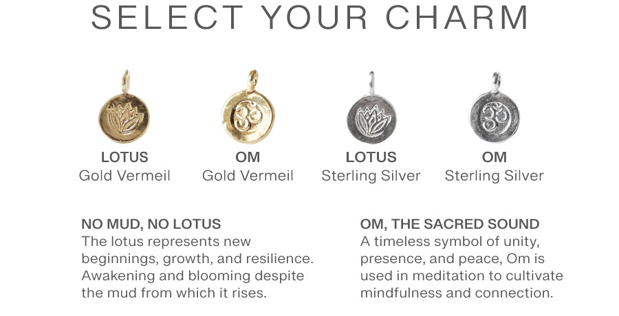 four charms, each representing a different aspect of the lotus flower, and provides descriptions of each charm and its meaning.