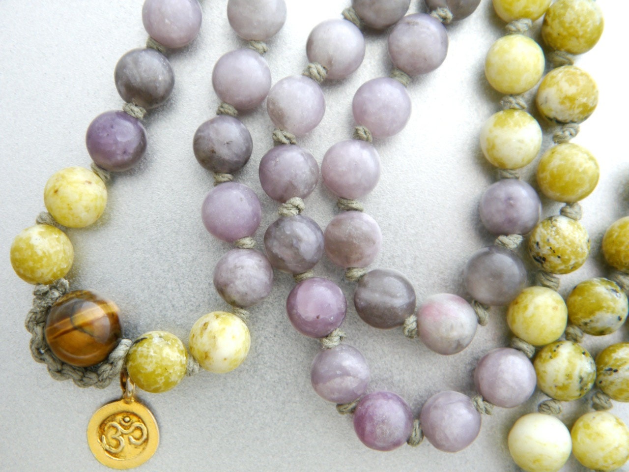Yellow Turquoise Lilac Stone 108 Mala Beads, Hand Knotted Wrap