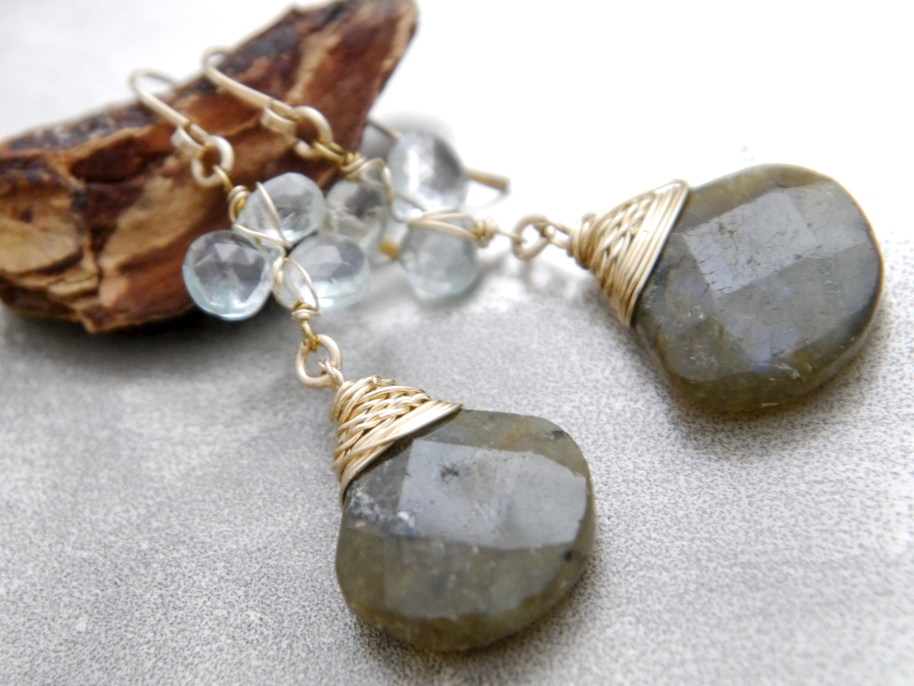Aquamarine Labradorite Floral Teardrop Gemstone Earrings, 14K Gold Filled Bridal