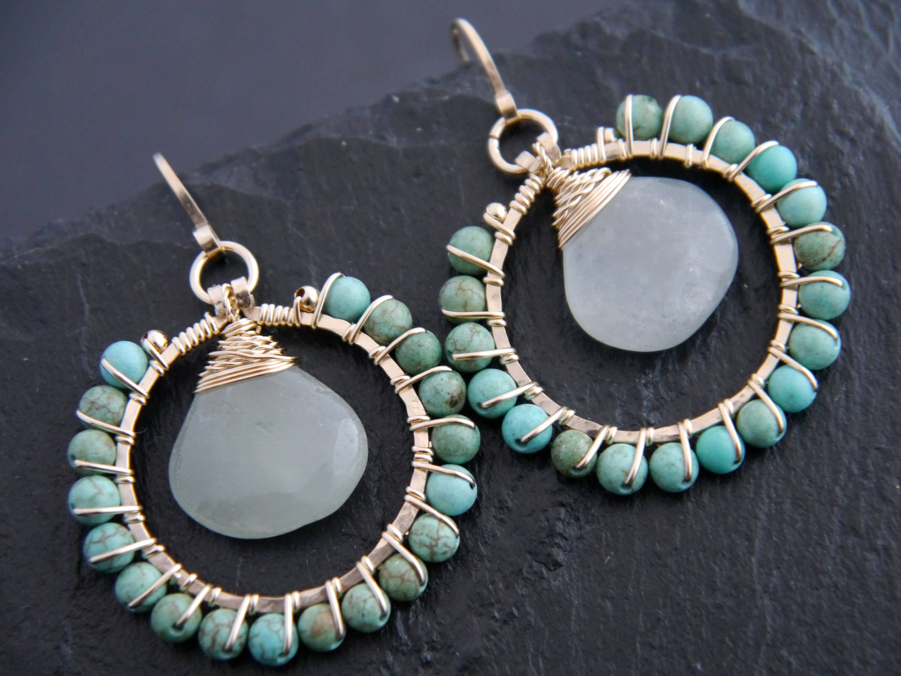 Turquoise Magensite Aquamarine Teardrop Hoop Gemstone Earrings, 14K Gold Filled