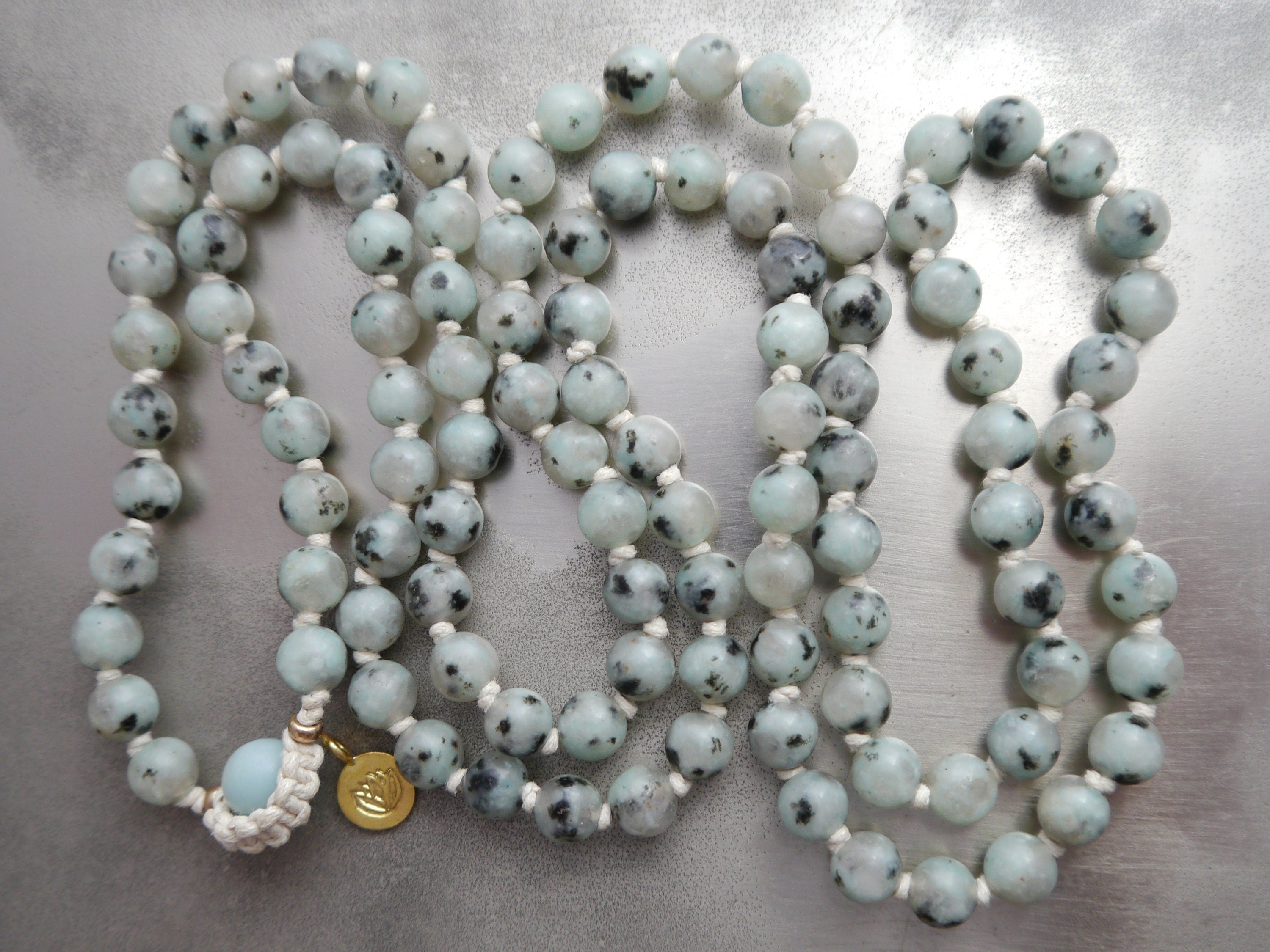 Green Kiwi Jasper Mala Beads, 108 Gemstone Beads, Wrap, Hand Knotted