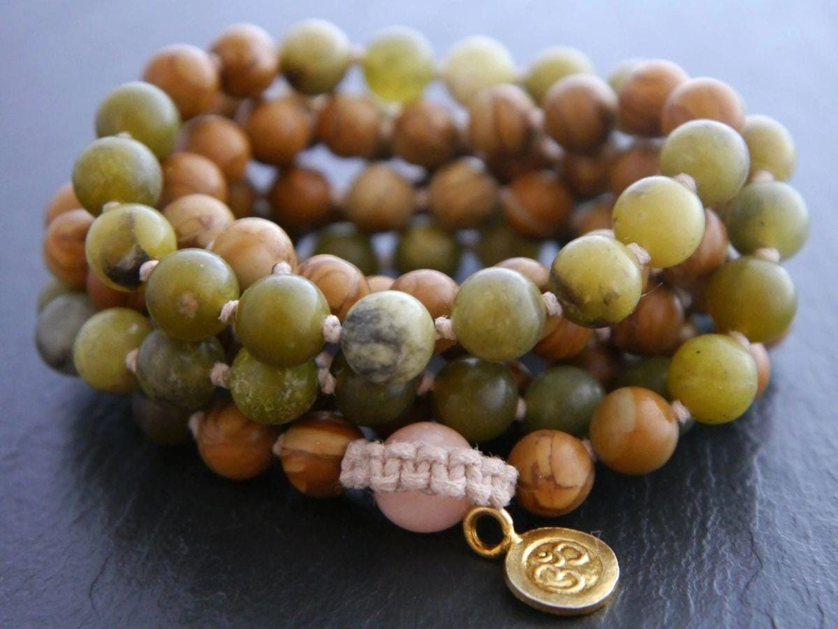 Olive Serpentine Tigerskin Jasper Mala Beads, 108 Gemstone Beads, Wrap, Hand Knotted