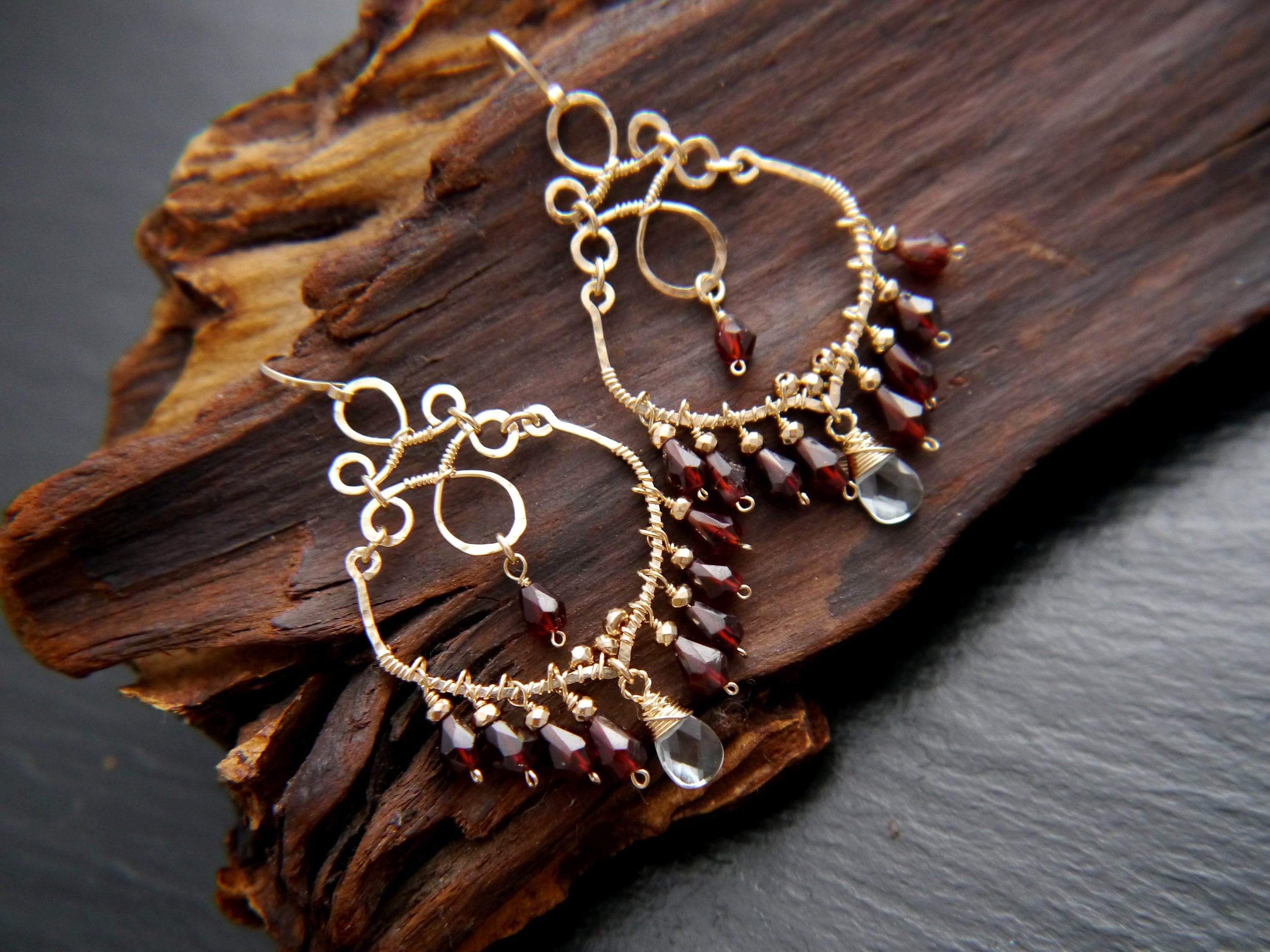 Garnet Aquamarine Boho Chandelier Earrings, 14K Gold Filled Fringe Dangle, Statement Jewelry