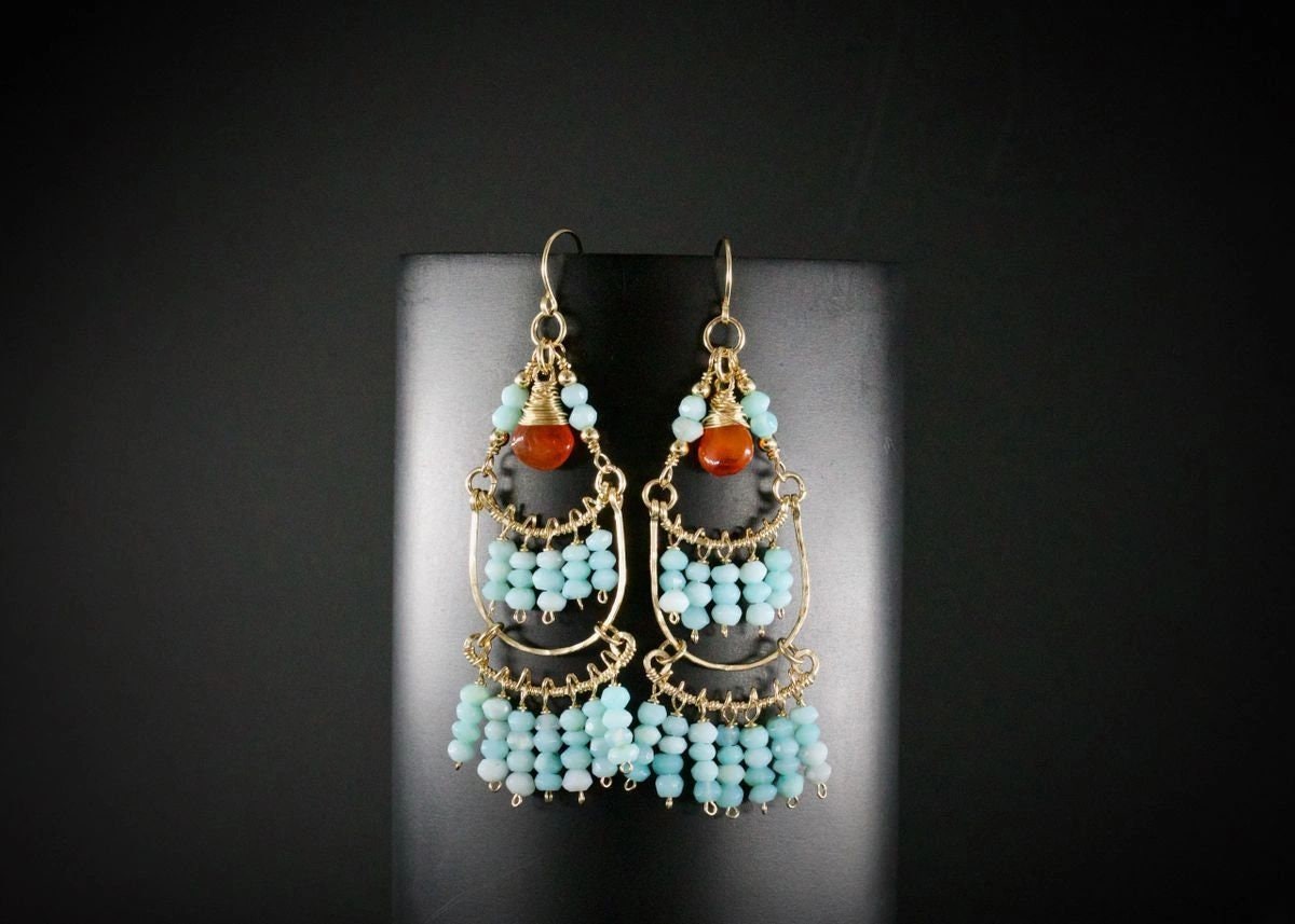 Carnelian Amazonite Chandelier Fringe Gemstone Earrings, 14K Gold Filled Unique Boho