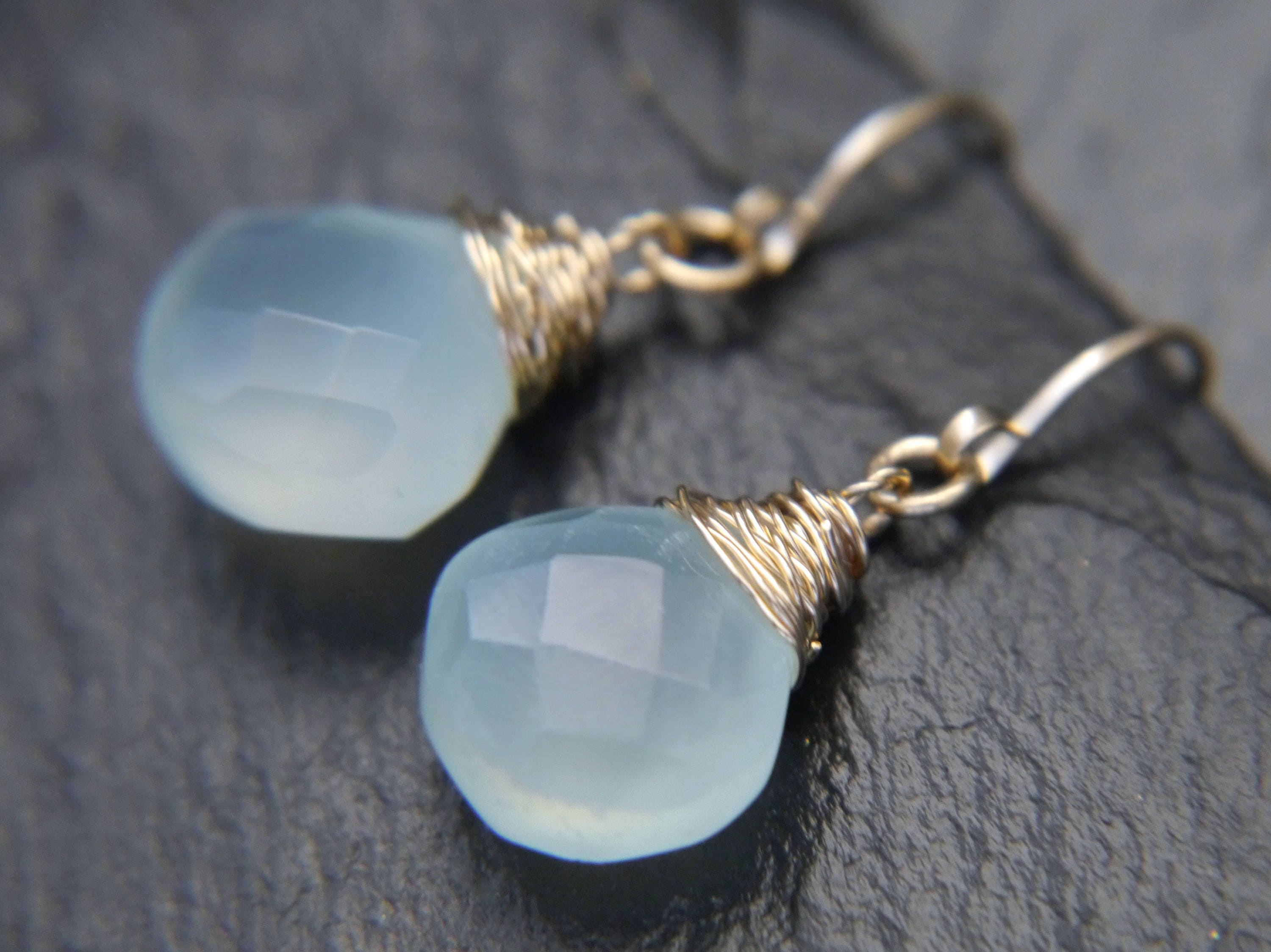 Blue Green Chalcedony Heart Briolette Teardrop Gemstone Earrings, 14K Gold Filled Bohemian Style