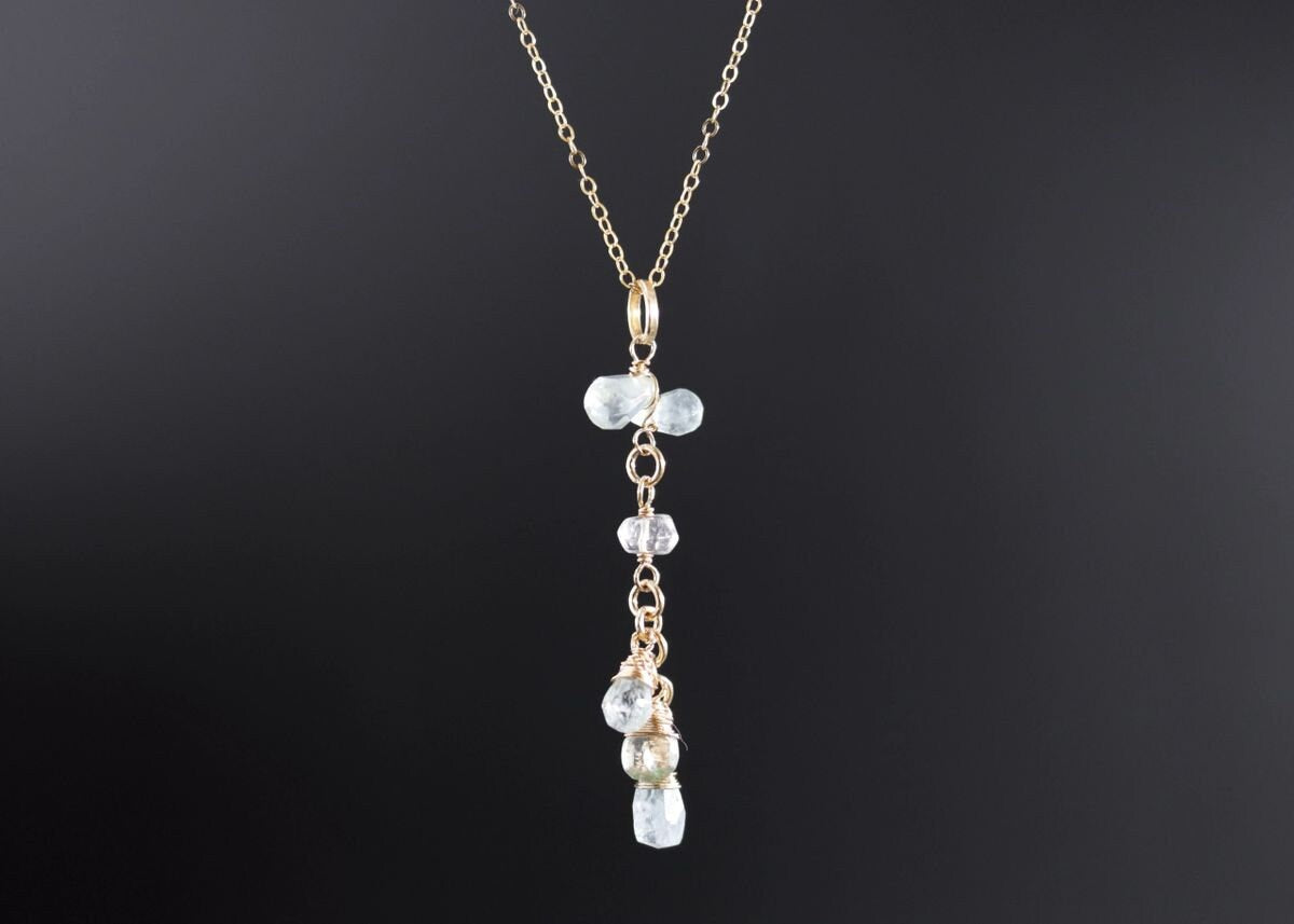 Aquamarine Lariat Y Gemstone Necklace, 14K Gold Filled Bohemian Bride