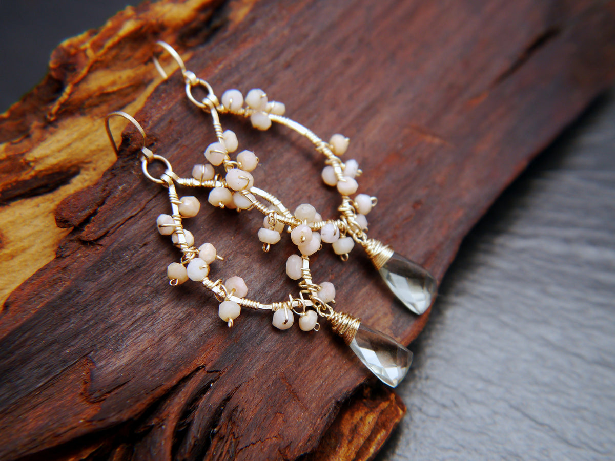 Bridal Chandelier Gold Earrings, 14K Gold Filled, Pink Opal, Aquamarine & Green Amethyst, Garden Wedding Earrings