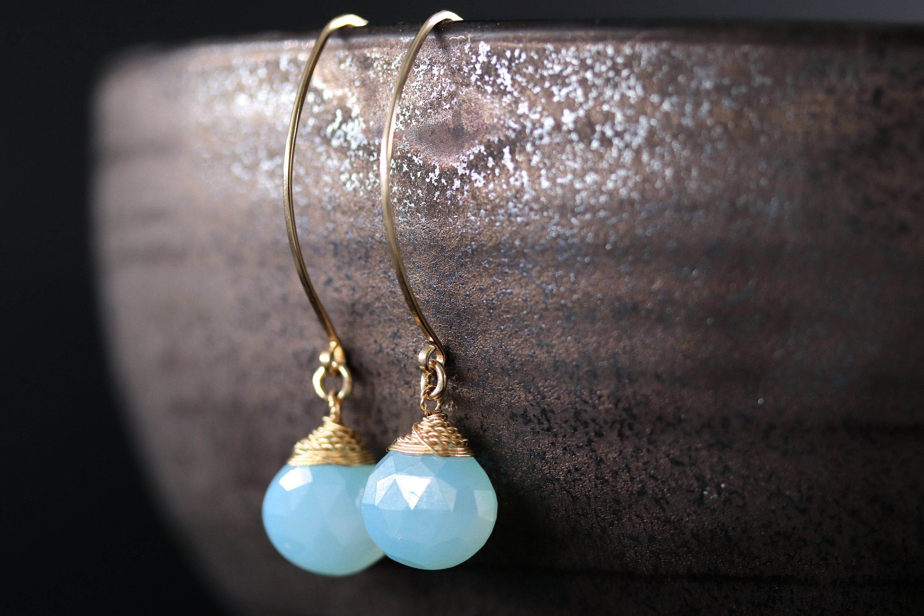 Aqua Chalcedony Heart Briolette Gemstone Earrings, 14K Gold Filled Romantic Gift