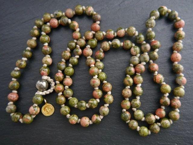 Green Pink Unakite Mala Beads, 108 Gemstone Beads, Wrap, Hand Knotted