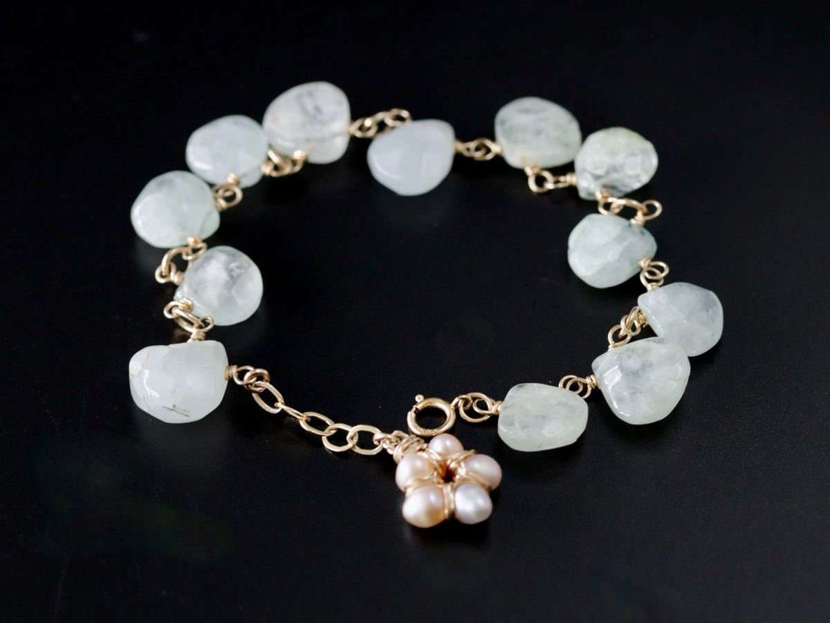 14K Gold Filled Aquamarine Pearl Floral Gemstone Bracelet, March Birthstone Bridal Jewelry