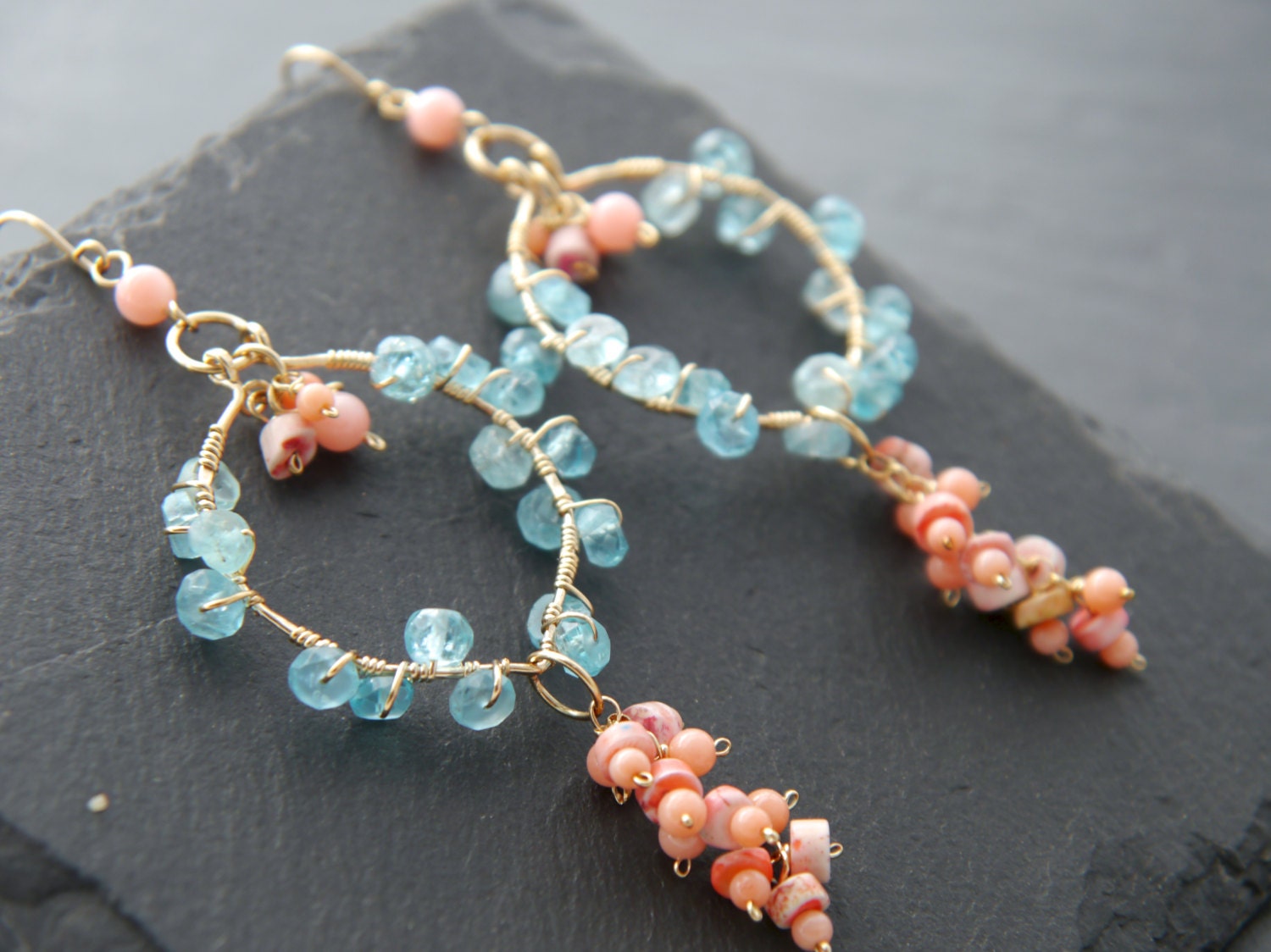 Pink Coral Apatite Chandelier Gemstone Earrings, 14K Gold Filled Bohemian Jewelry