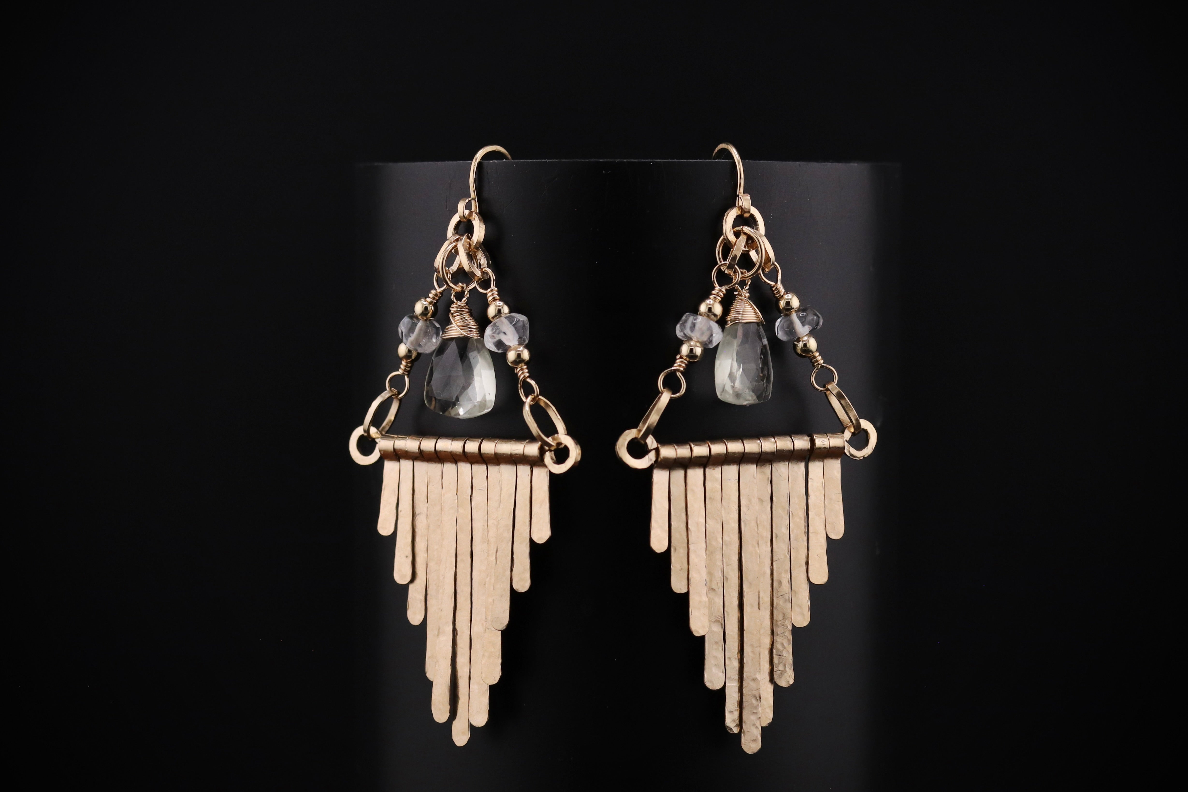 CUSTOM BRENDA KUNZ Gold Filled Art Deco Fringe Earrings Green Amethyst