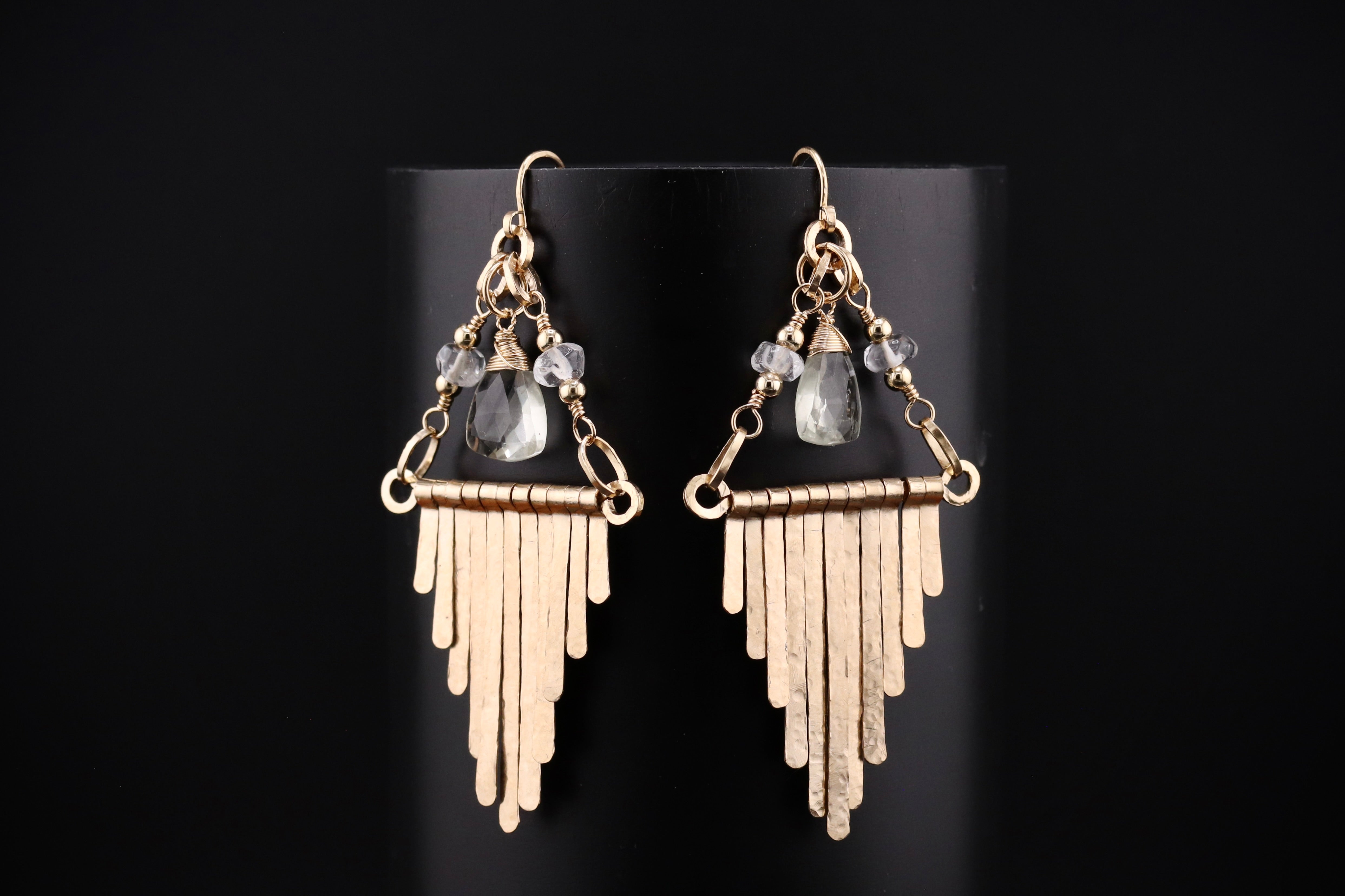 CUSTOM BRENDA KUNZ Gold Filled Art Deco Fringe Earrings Green Amethyst