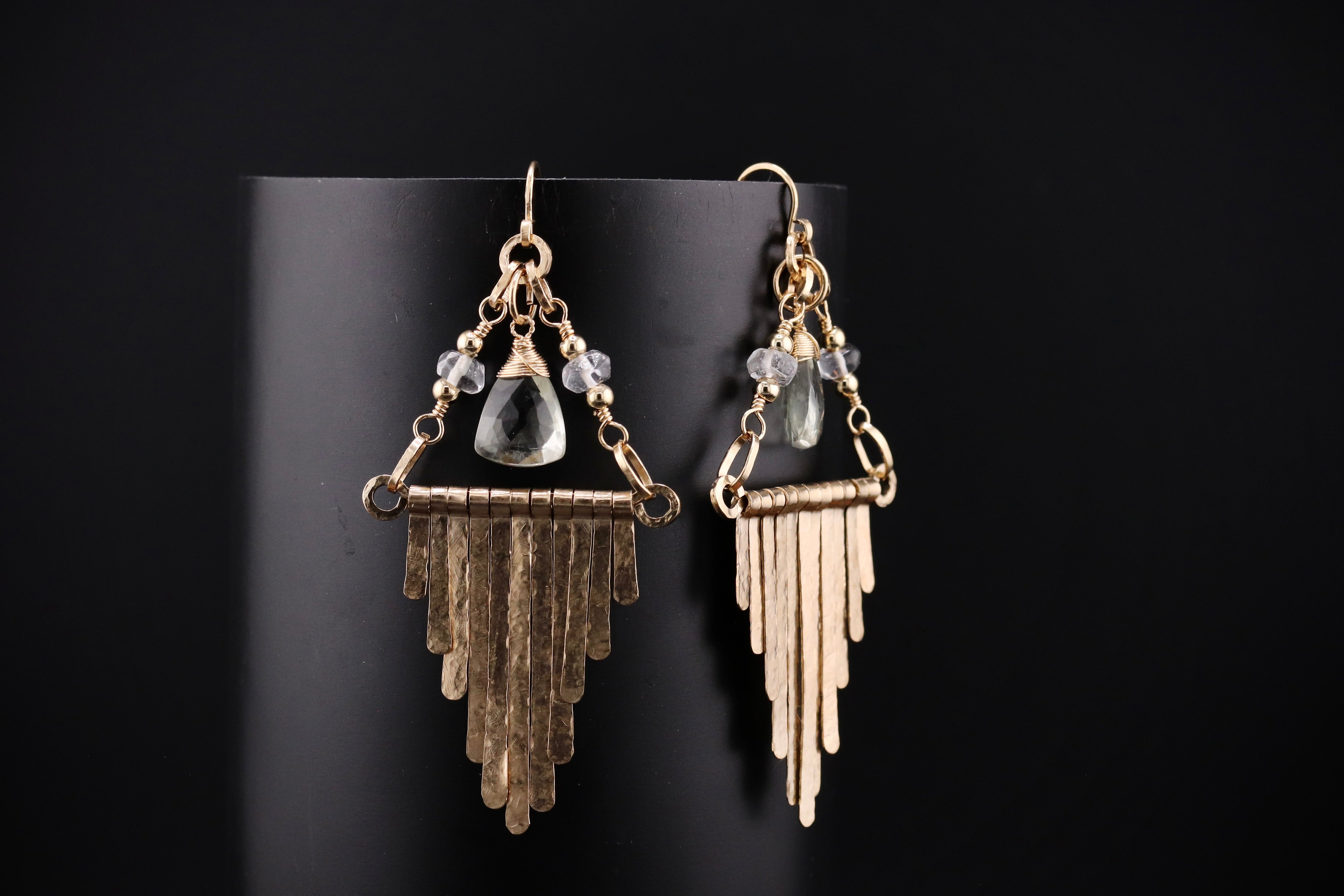 CUSTOM BRENDA KUNZ Gold Filled Art Deco Fringe Earrings Green Amethyst