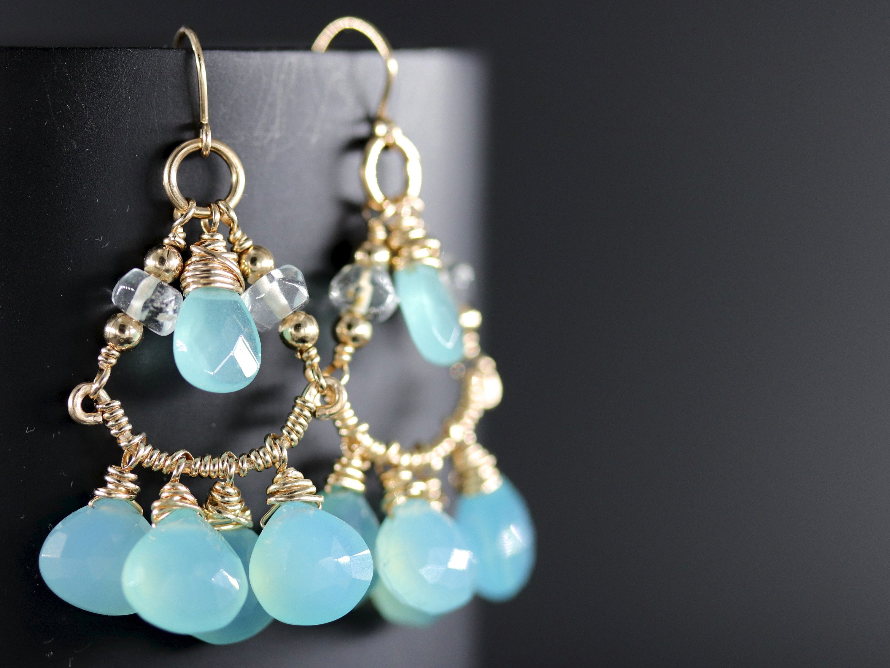 Aqua Chalcedony Heart Chandelier Gemstone Earrings, 14K Gold Filled Something Blue