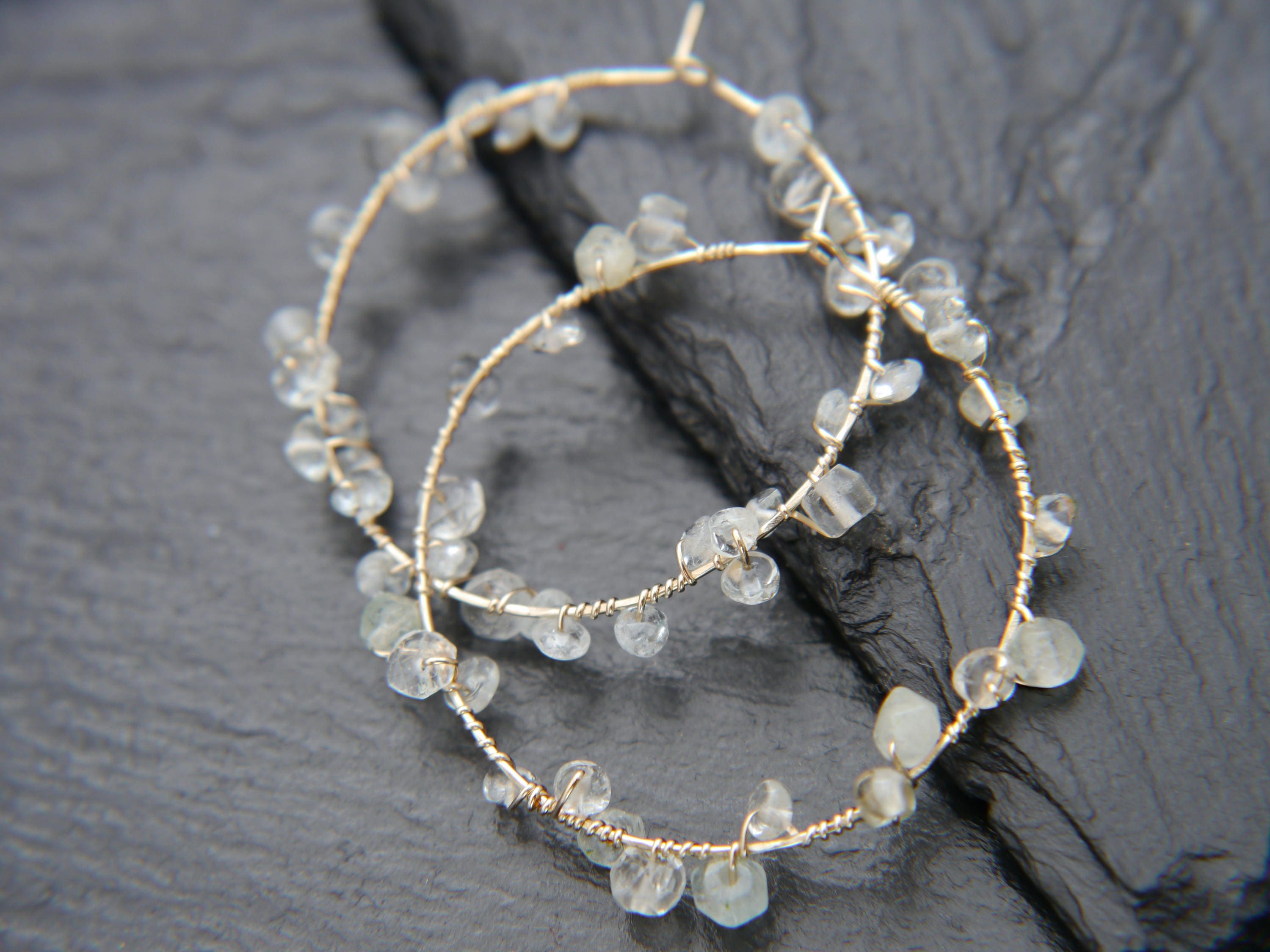 Aquamarine Floral Hoop Gemstone Earrings, 14K Gold Filled Ethereal Bride