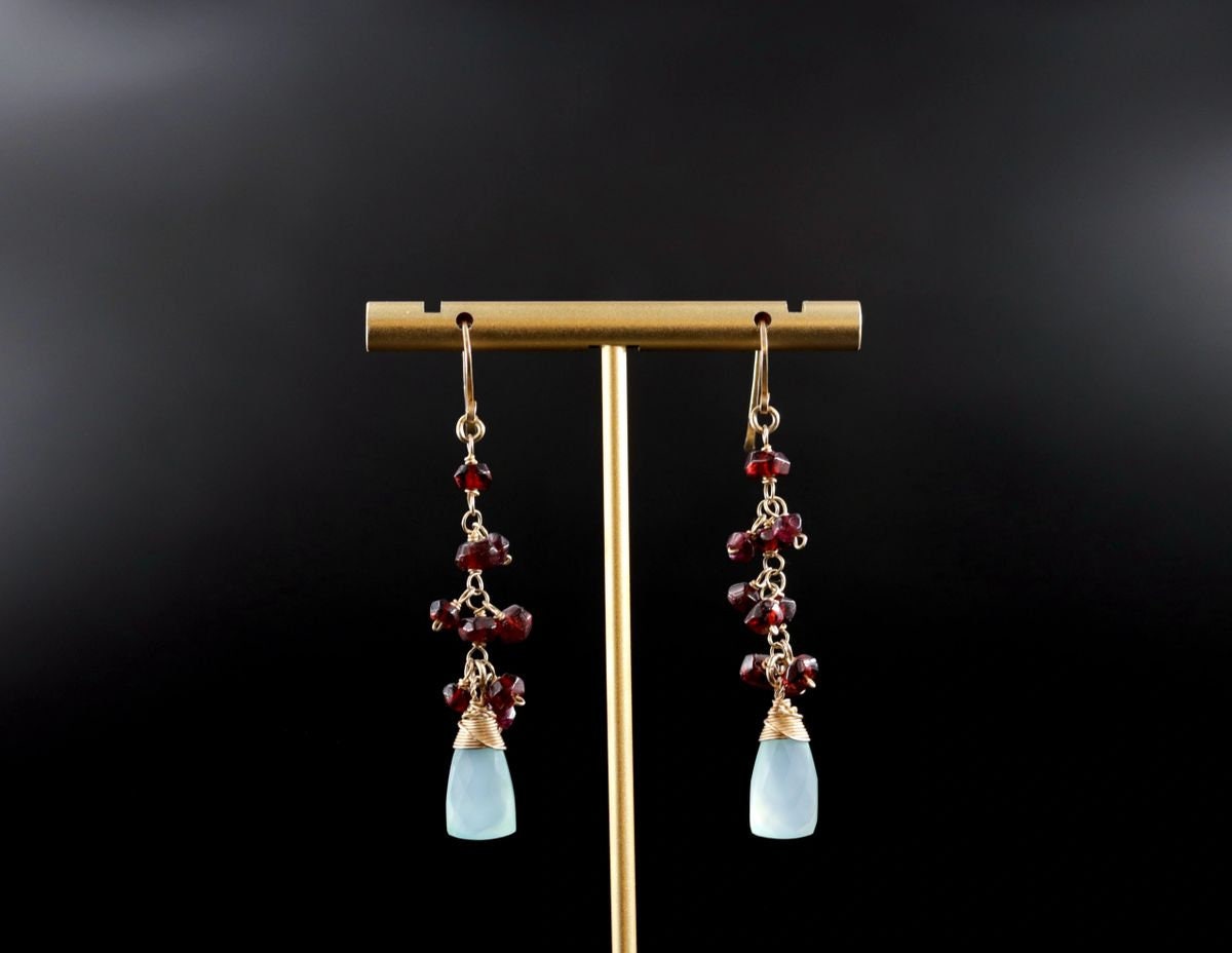 Garnet Aqua Chalcedony Briolette Dangle, Gemstone Earrings, 14K Gold Filled Boho Jewelry