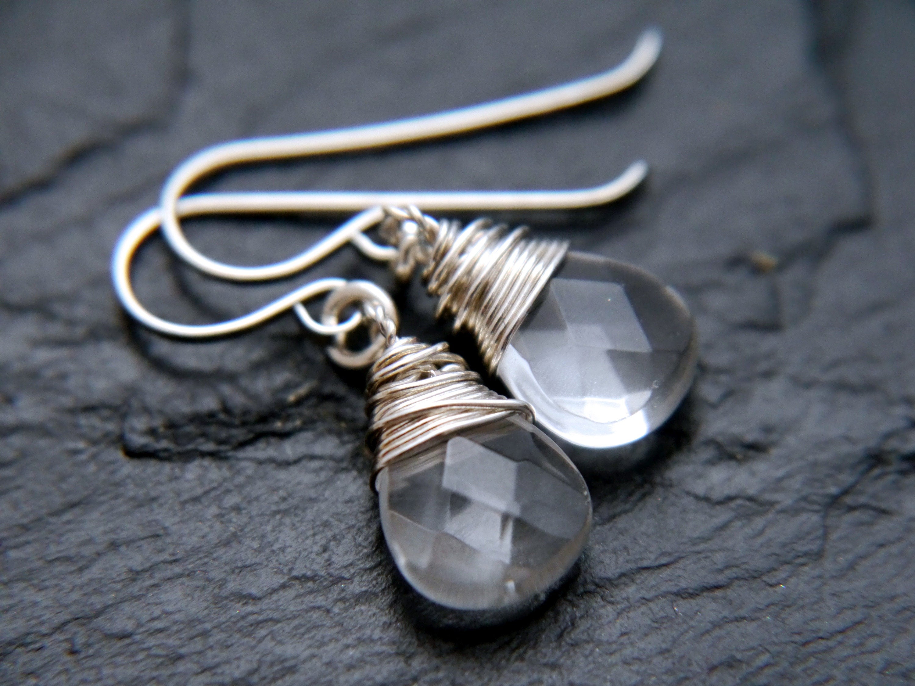Clear Quartz Teardrop Gemstone Earrings, Sterling Silver, Minimalist
