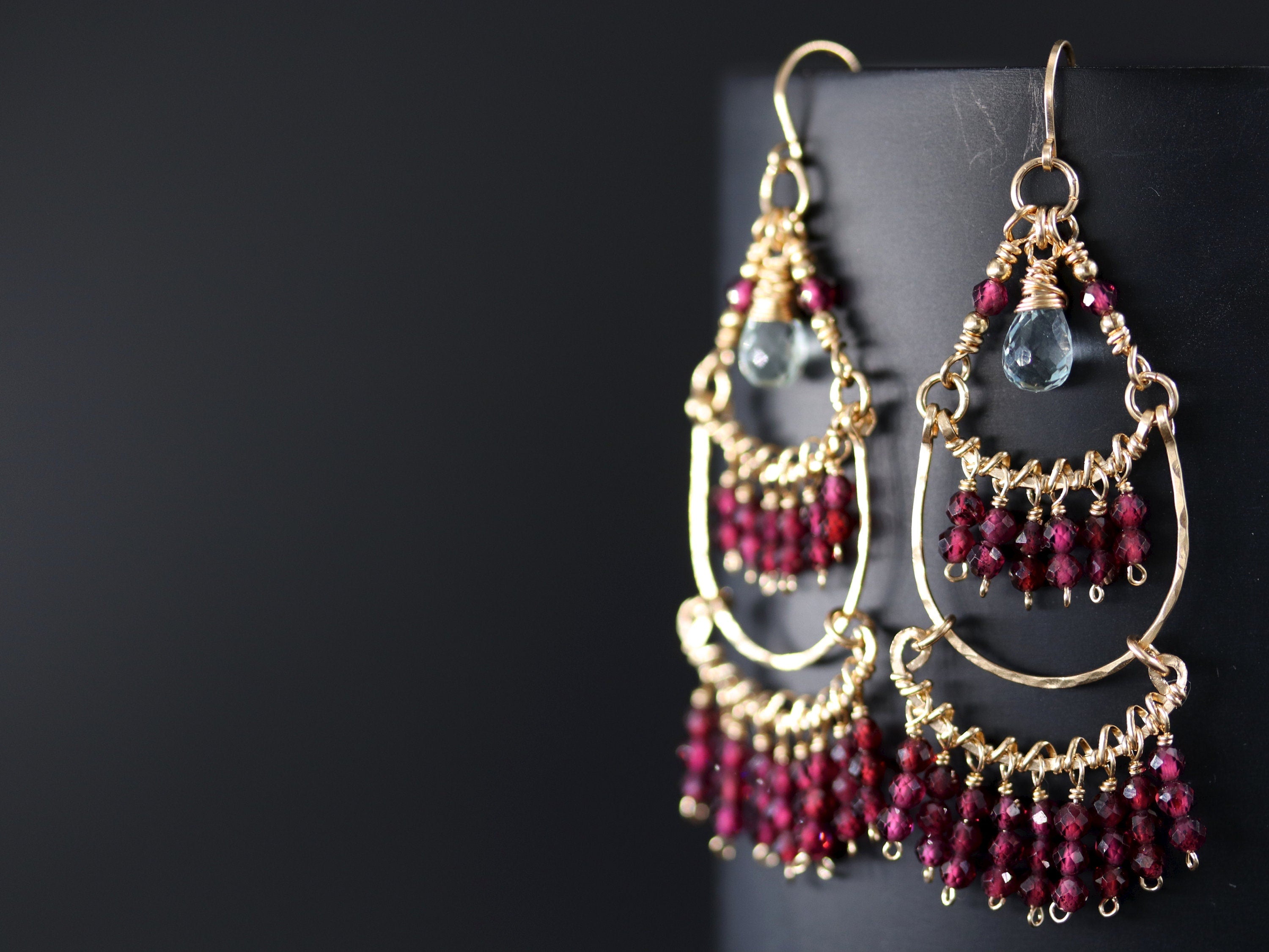 Garnet Aquamarine Long Dangle Earrings, 14K Gold Filled Fringe Drop, Bohemian Jewelry