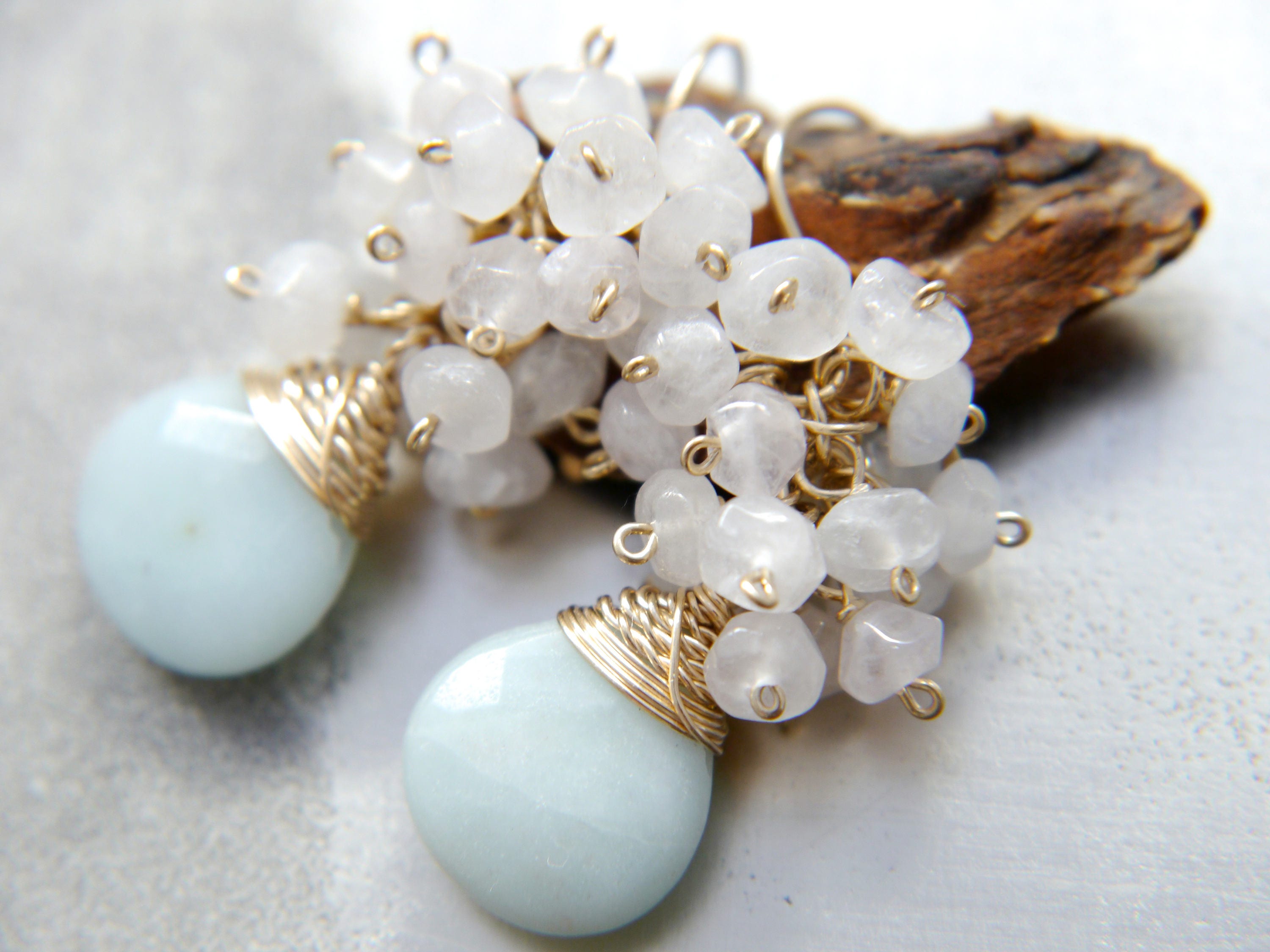 Amazonite Rose Quartz Cluster Earrings, 14K Gold Filled Floral Dangle, Garden Wedding