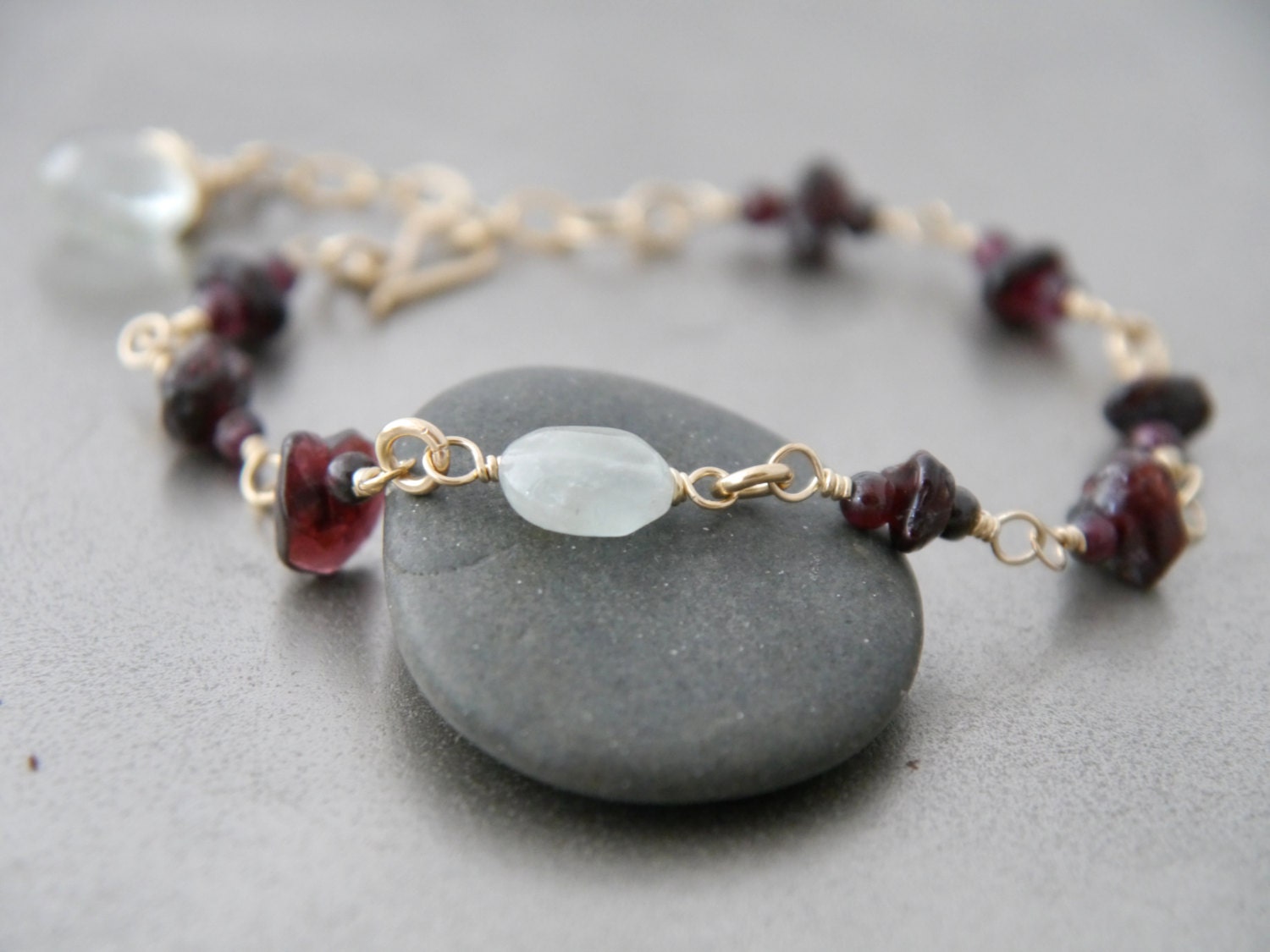 Garnet Aquamarine 14K Gold Filled Rosary Chain Gemstone Bracelet Boho Jewelry