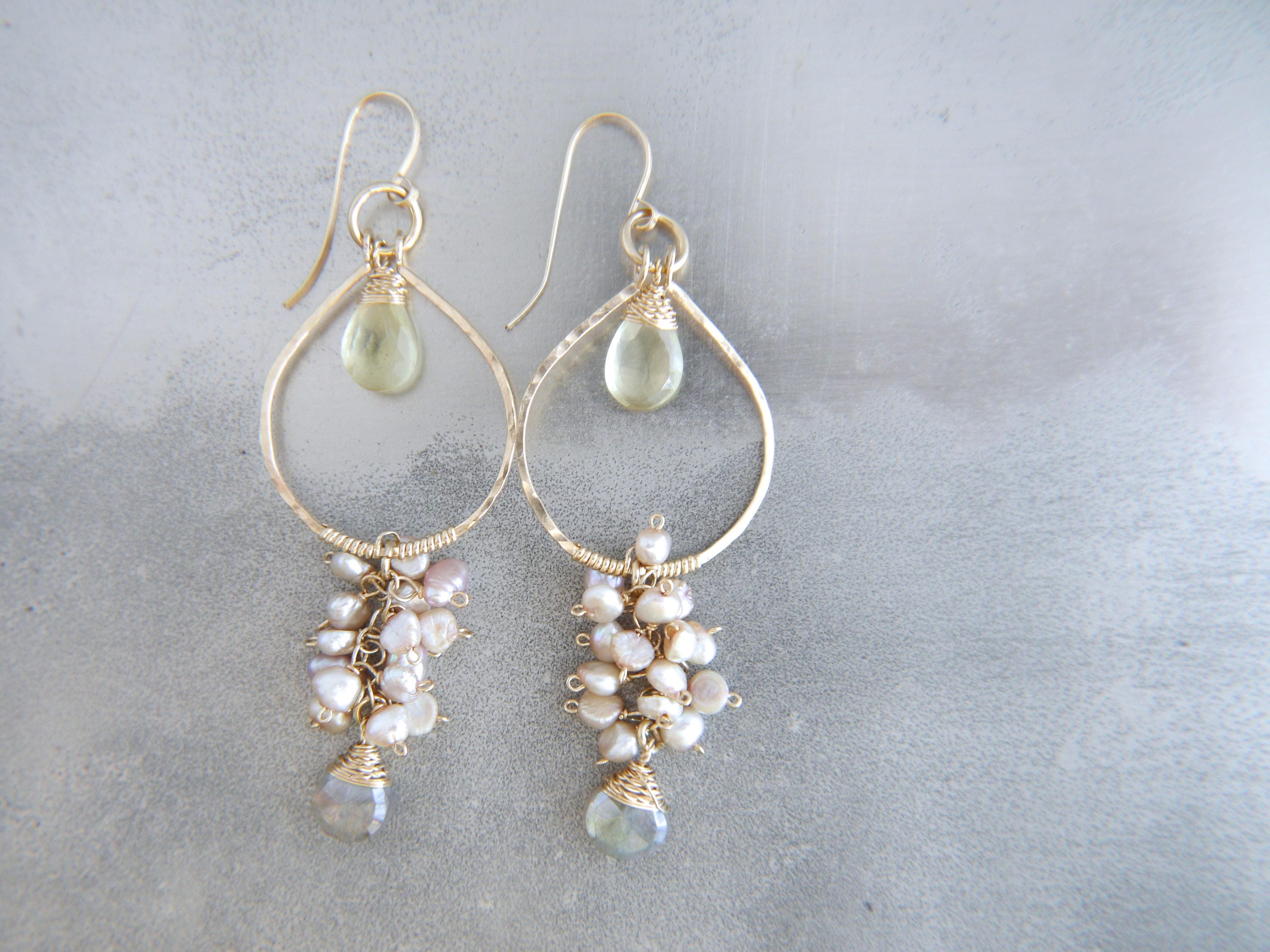 Citrine Labradorite Pearl Floral Chandelier Gemstone Earrings, 14K Gold Filled Bridal