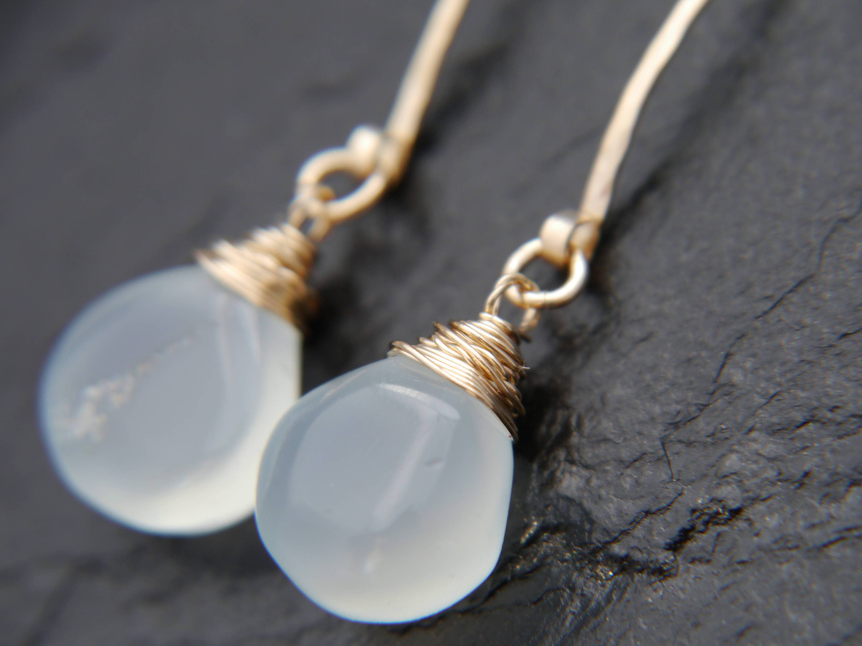 Aqua Chalcedony Heart Briolette Gemstone Earrings, 14K Gold Filled Hoops Dainty