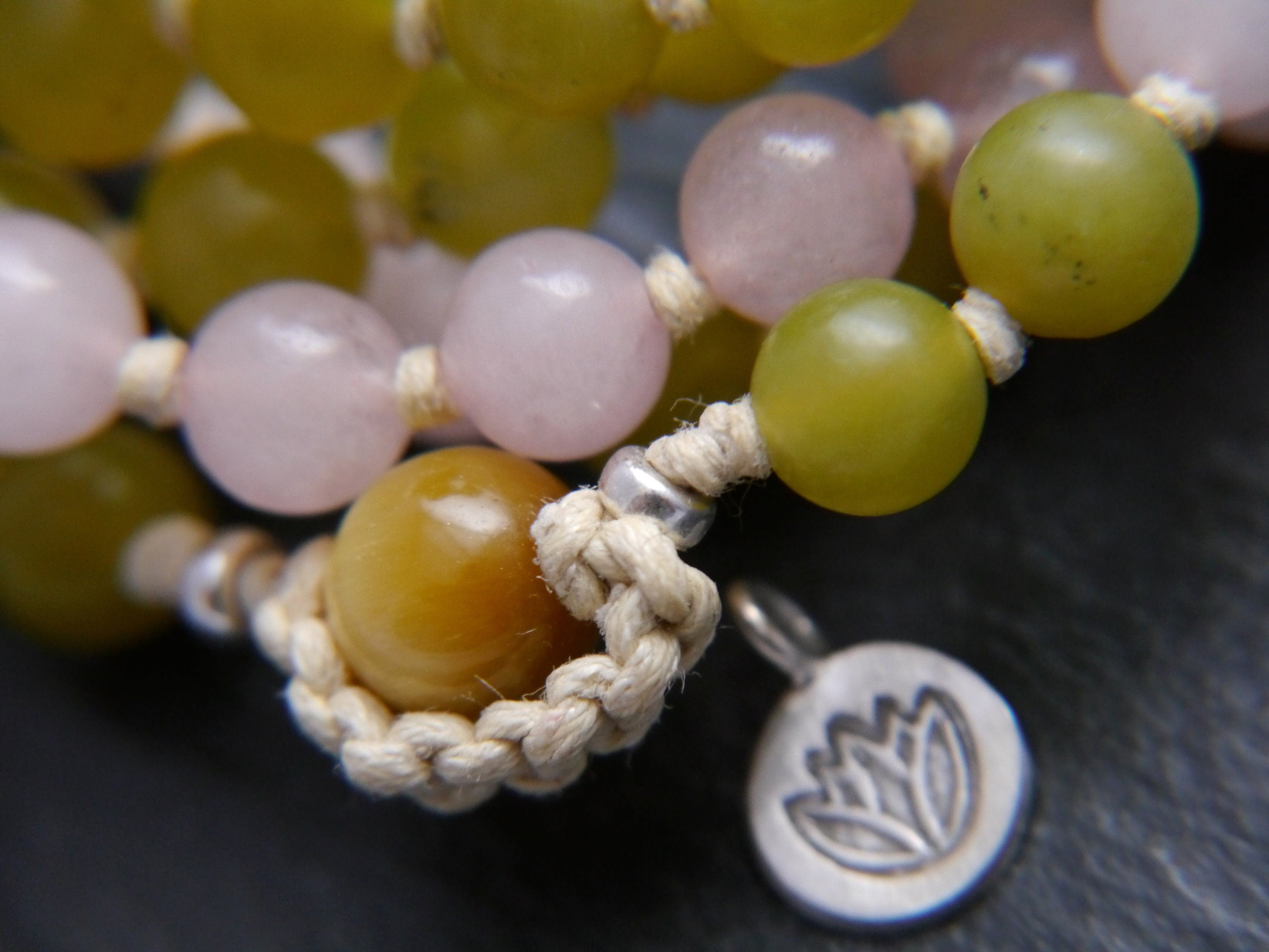 Rose Quartz Serpentine Mala Beads, 108 Gemstone Beads, Wrap, Hand Knotted