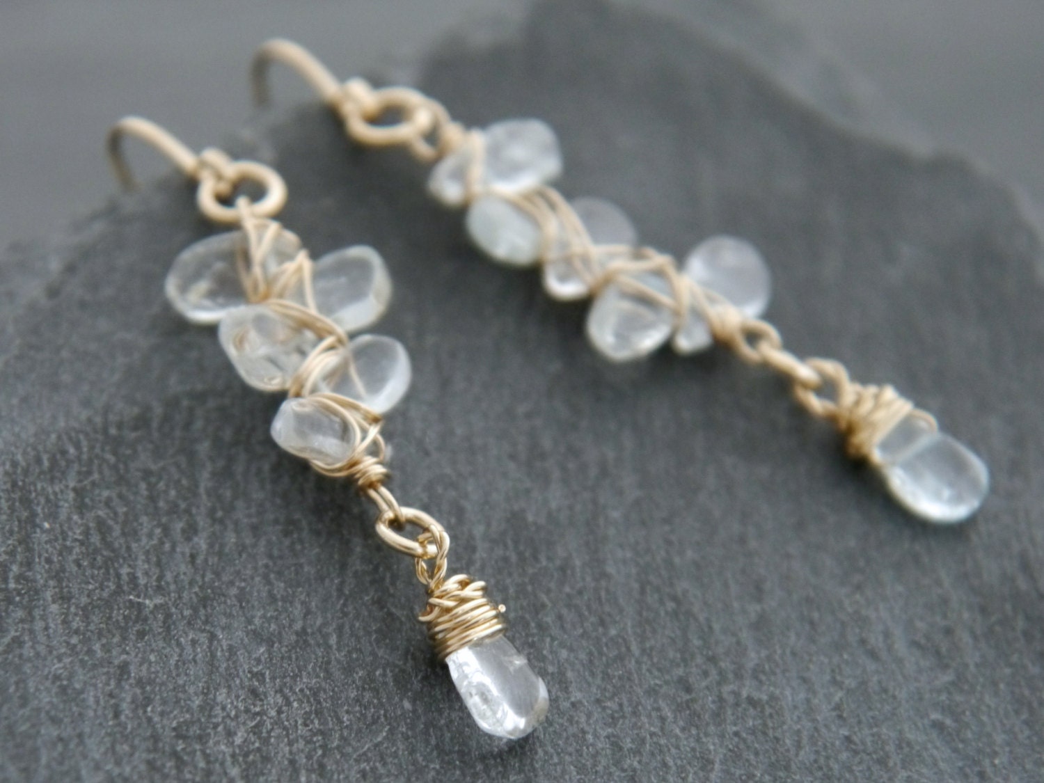 Aquamarine Teardrop Long Dangle Floral Gemstone Earrings, 14K Gold Filled Bridal