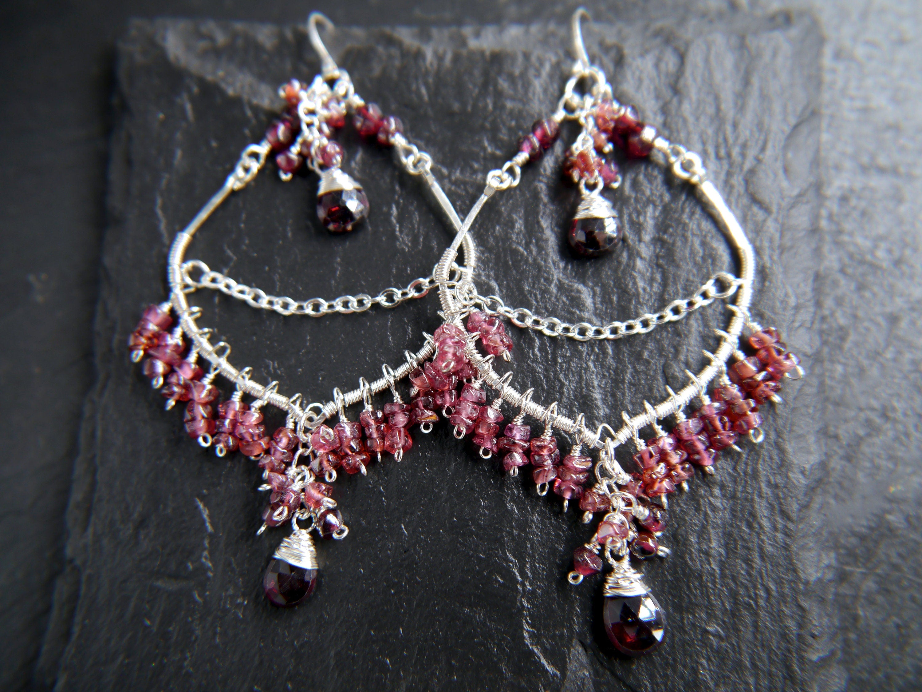Garnet Chandelier Fringe Gemstone Earrings, Sterling Silver, Bohemian Style