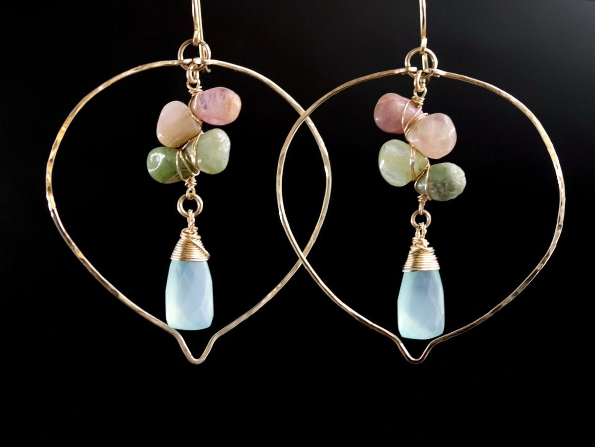 Aqua Chalcedony Tourmaline Floral Chandelier Gemstone Earrings, 14K Gold Filled