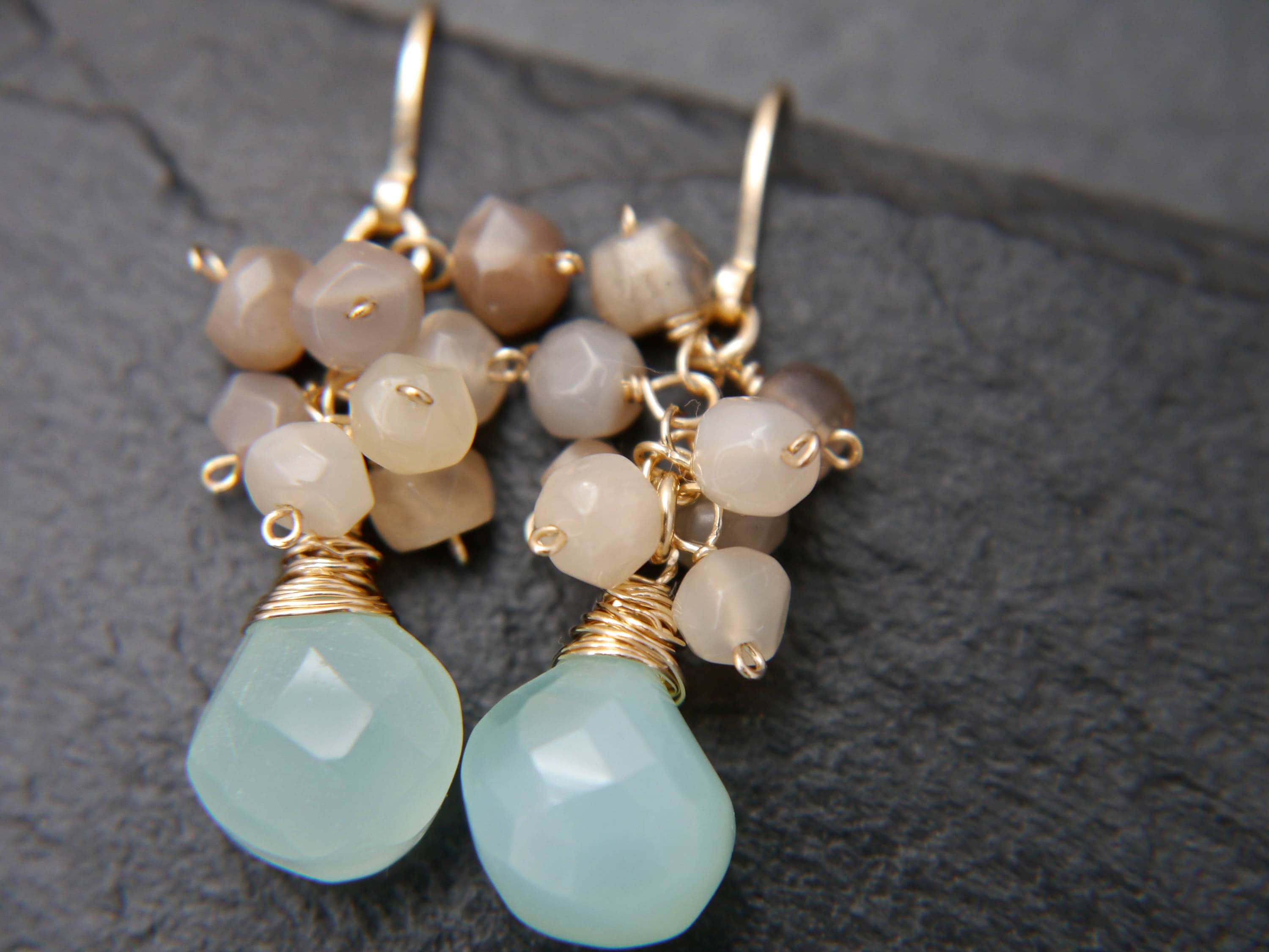 Moonstone Cluster Aqua Chalcedony Heart Gemstone Earrings, 14K Gold Filled Romantic