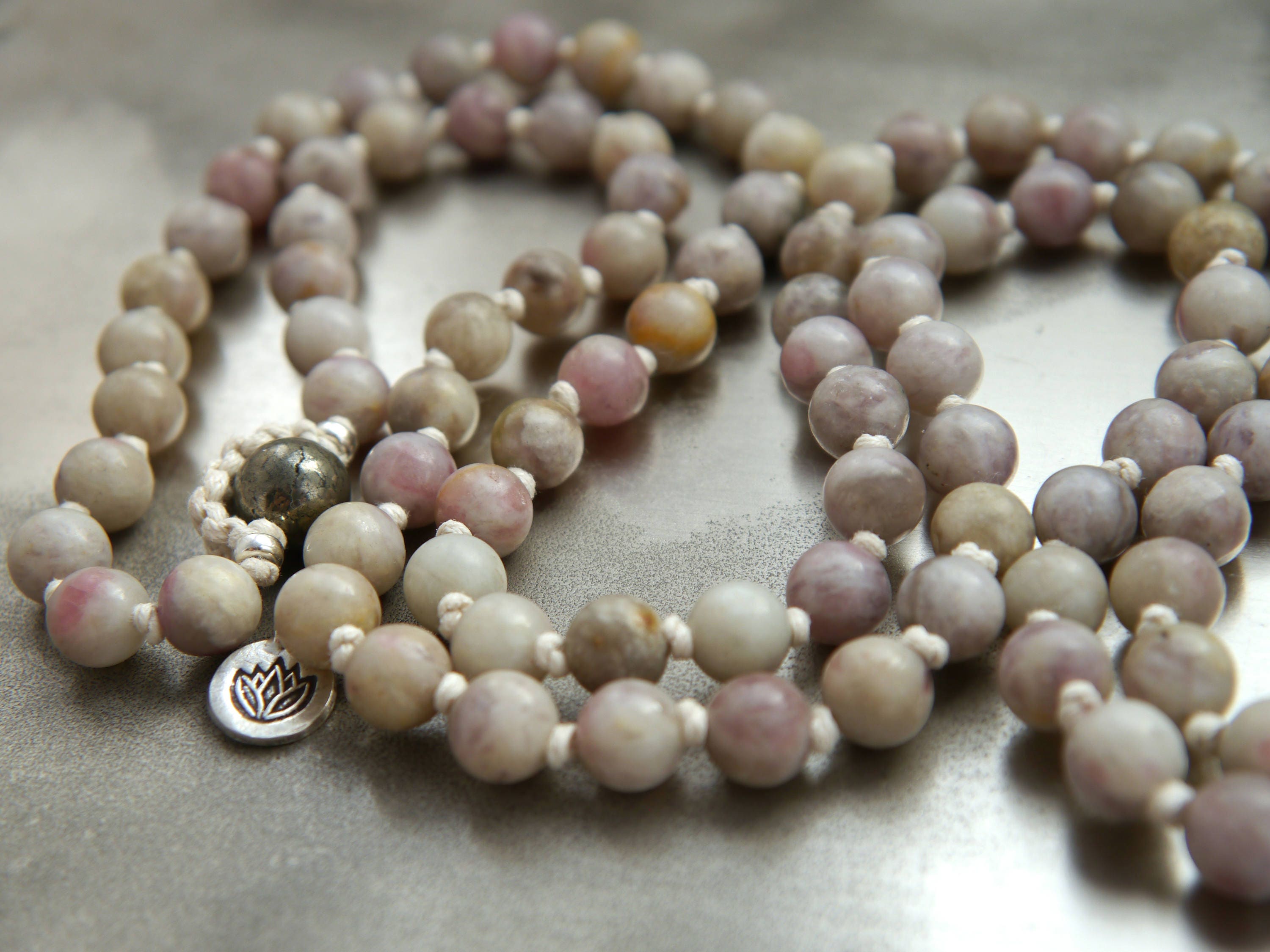 Lilac Stone 108 Mala Bead , Wrap, Hand Knotted Tibetan Prayer Beads